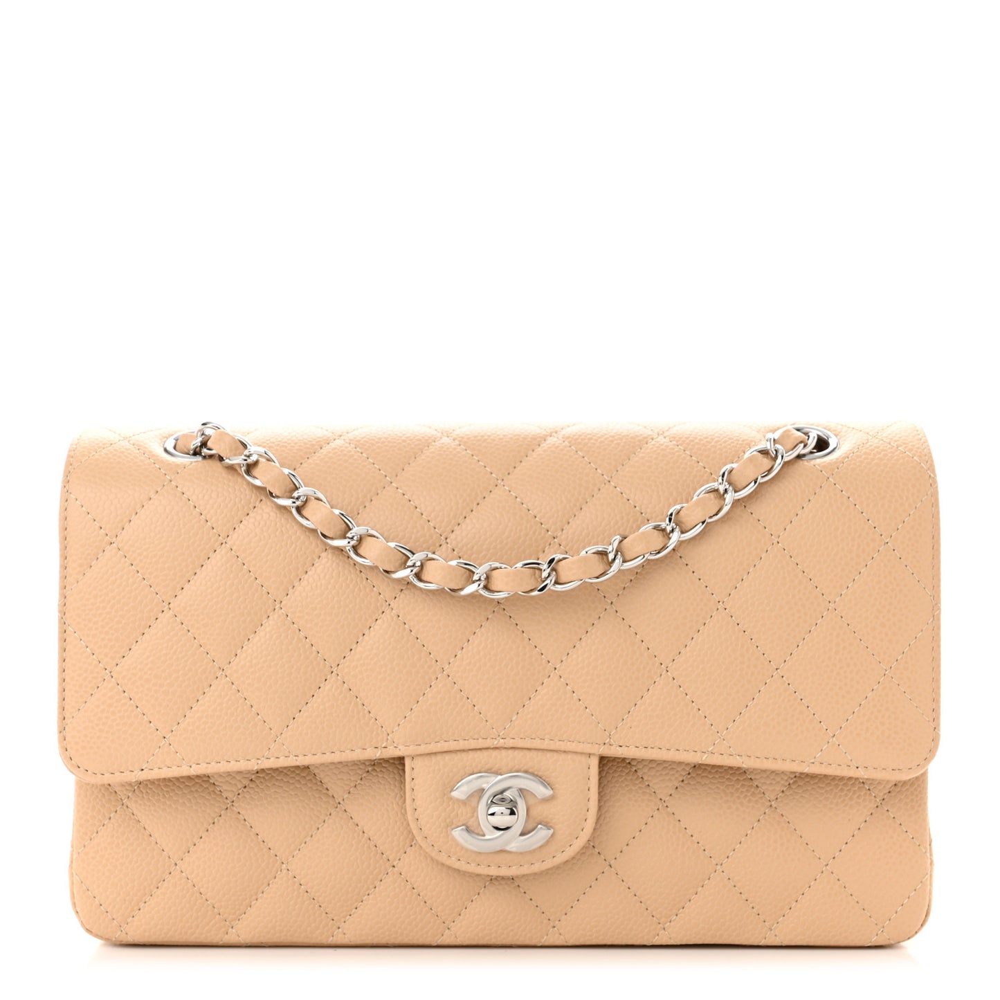 Caviar Quilted Medium Double Flap Beige