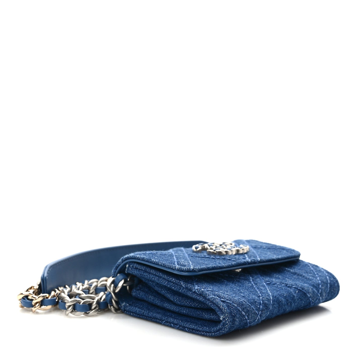 Denim Quilted Chanel 19 Flap Coin Purse With Chain Blue