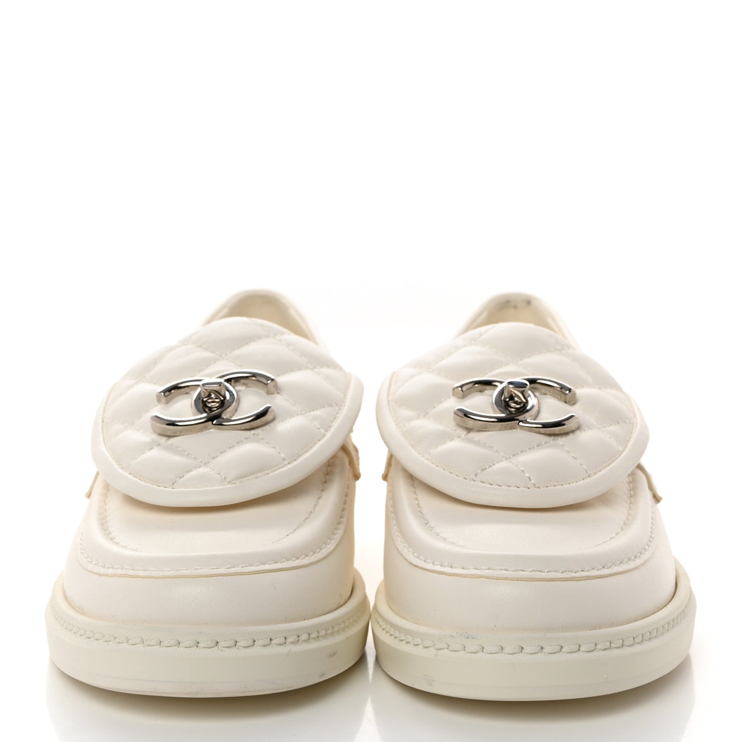 Shiny Lambskin Quilted CC Turnlock Loafers 36 White