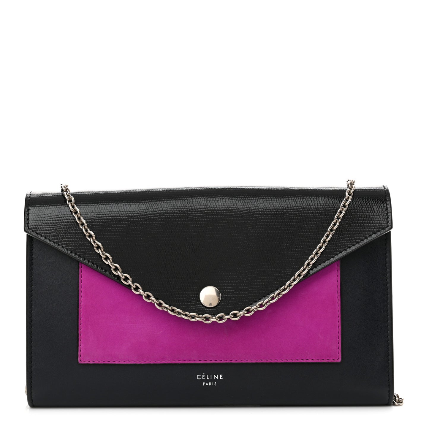 Smooth Calfskin Tri-Color Clutch on a Chain Black
