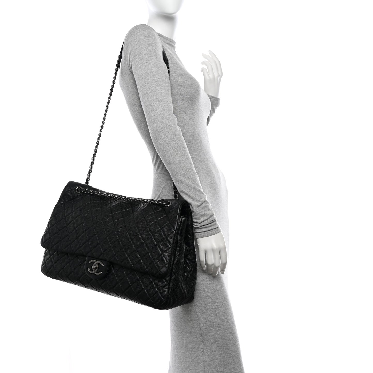Calfskin Quilted XXL Travel Flap Bag Black