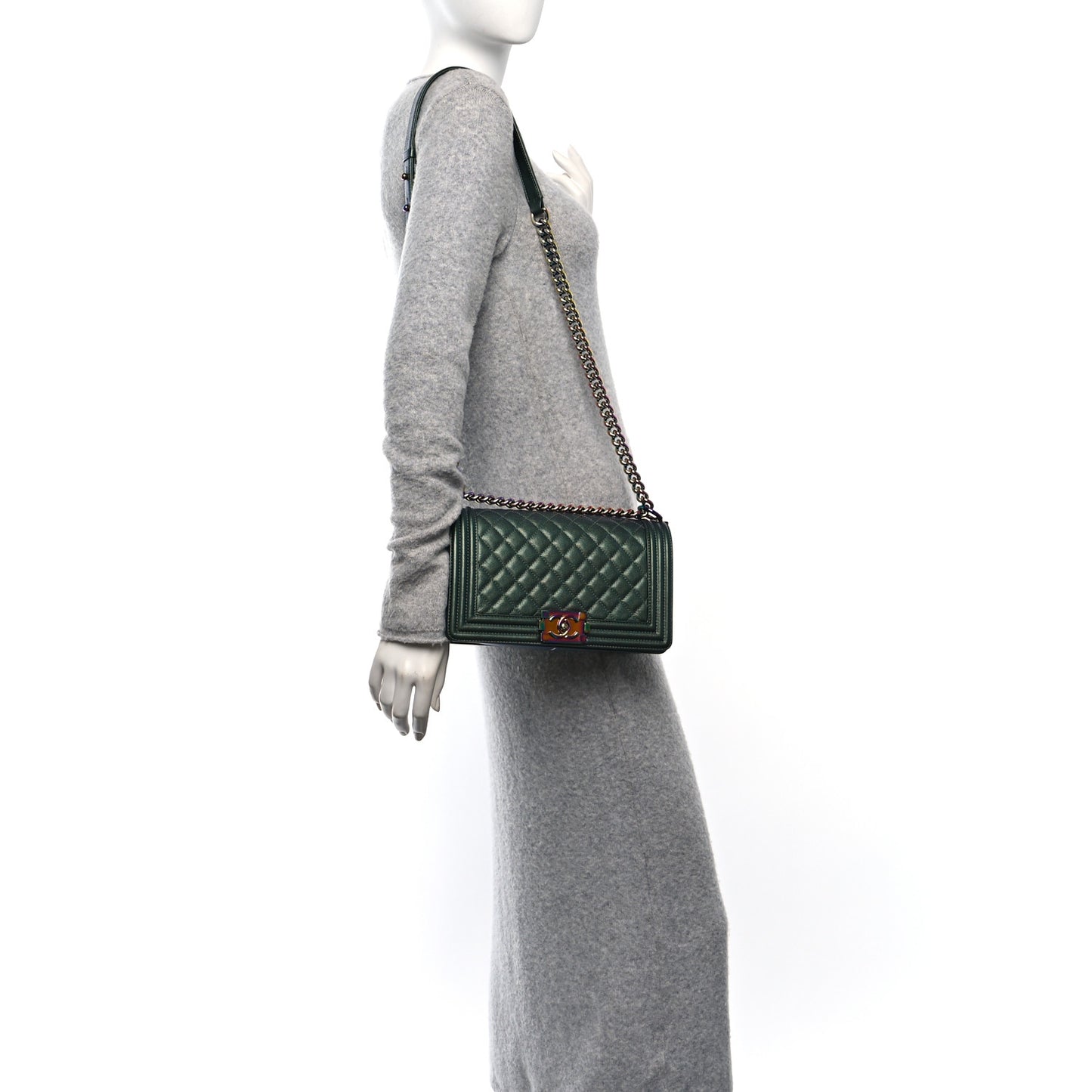 Iridescent Goatskin Quilted Medium Boy Flap Green