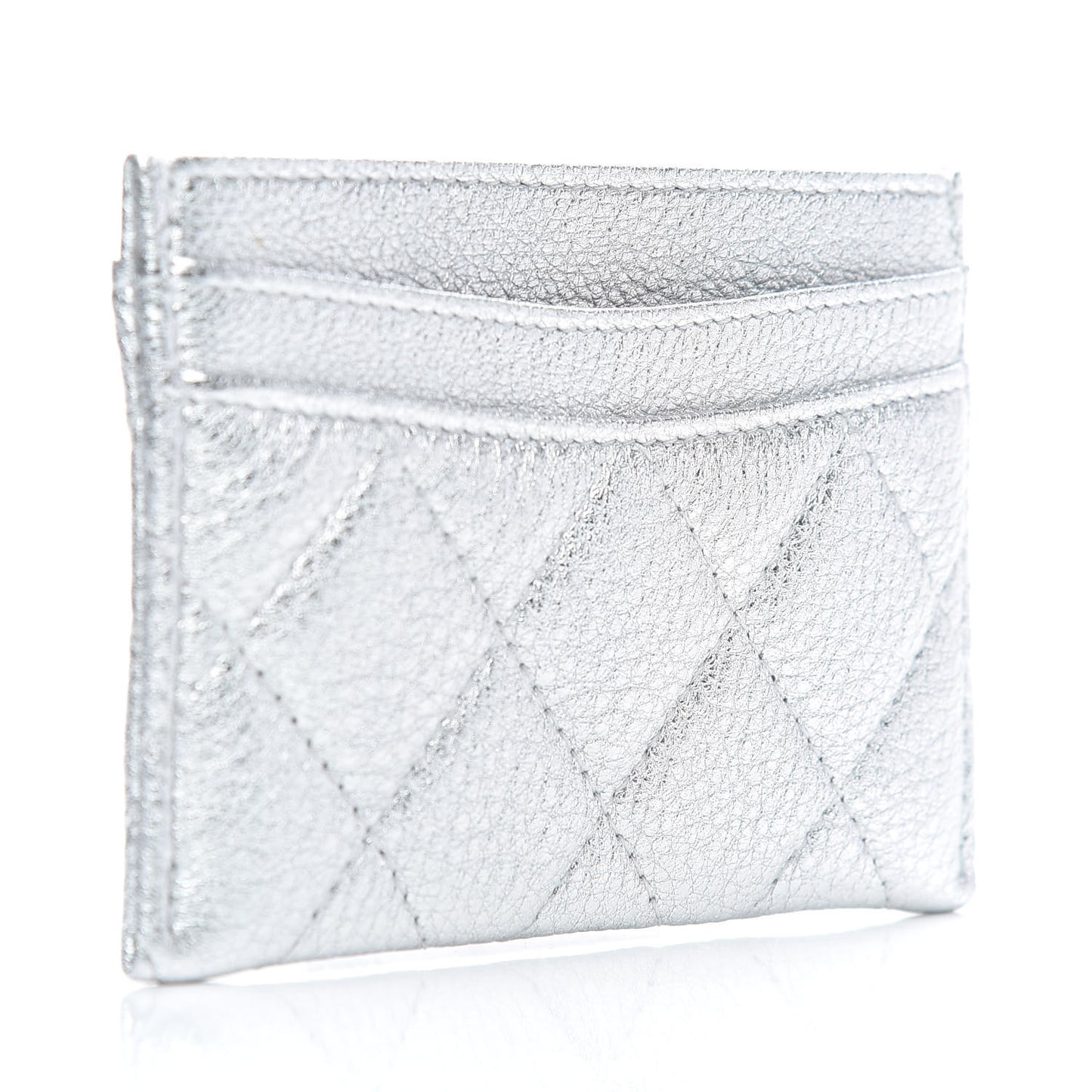 Metallic Lambskin Quilted Card Holder Silver