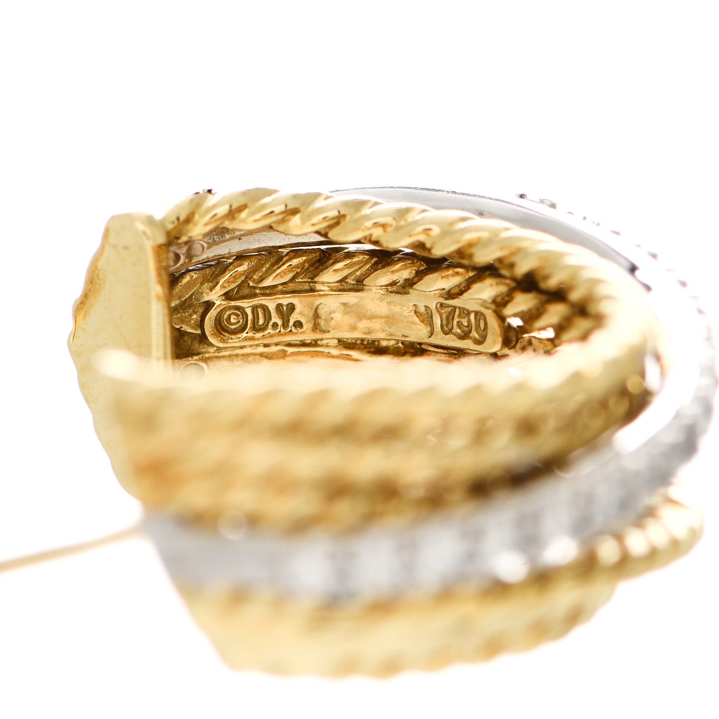 18K Yellow White Gold Diamond Crossover Cable Hoop Earrings