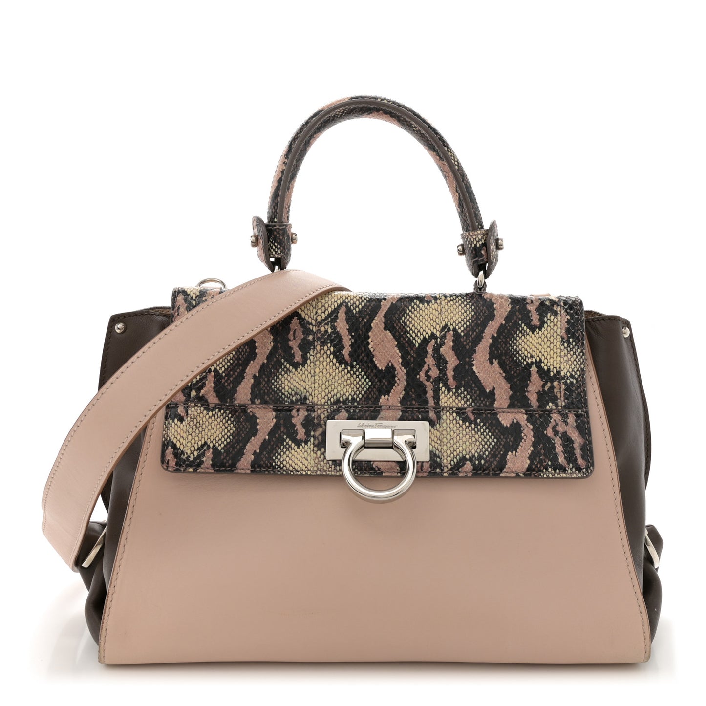 Calfskin Snakeskin Medium Sofia Satchel Beige Brown Multicolor