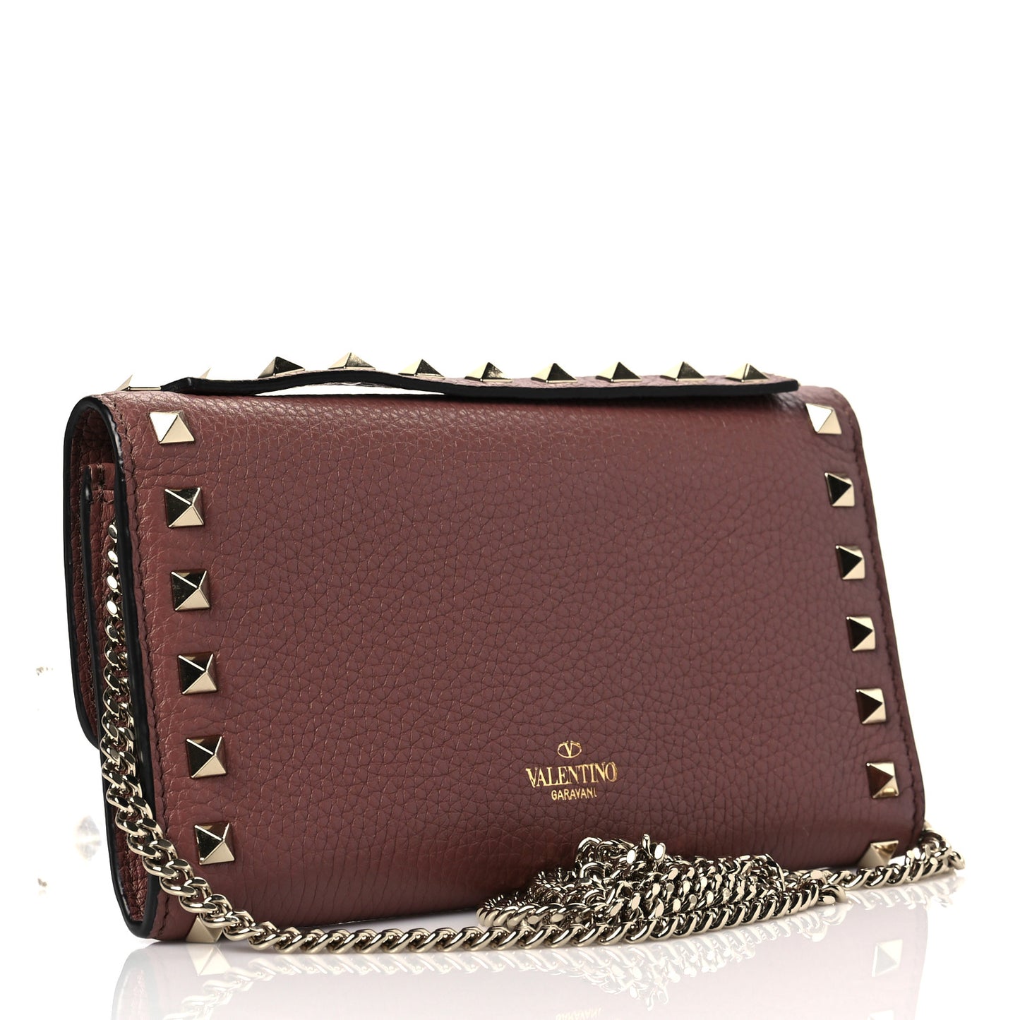 Pebbled Calfskin Rockstud Flip Lock Wallet On Chain English Rose