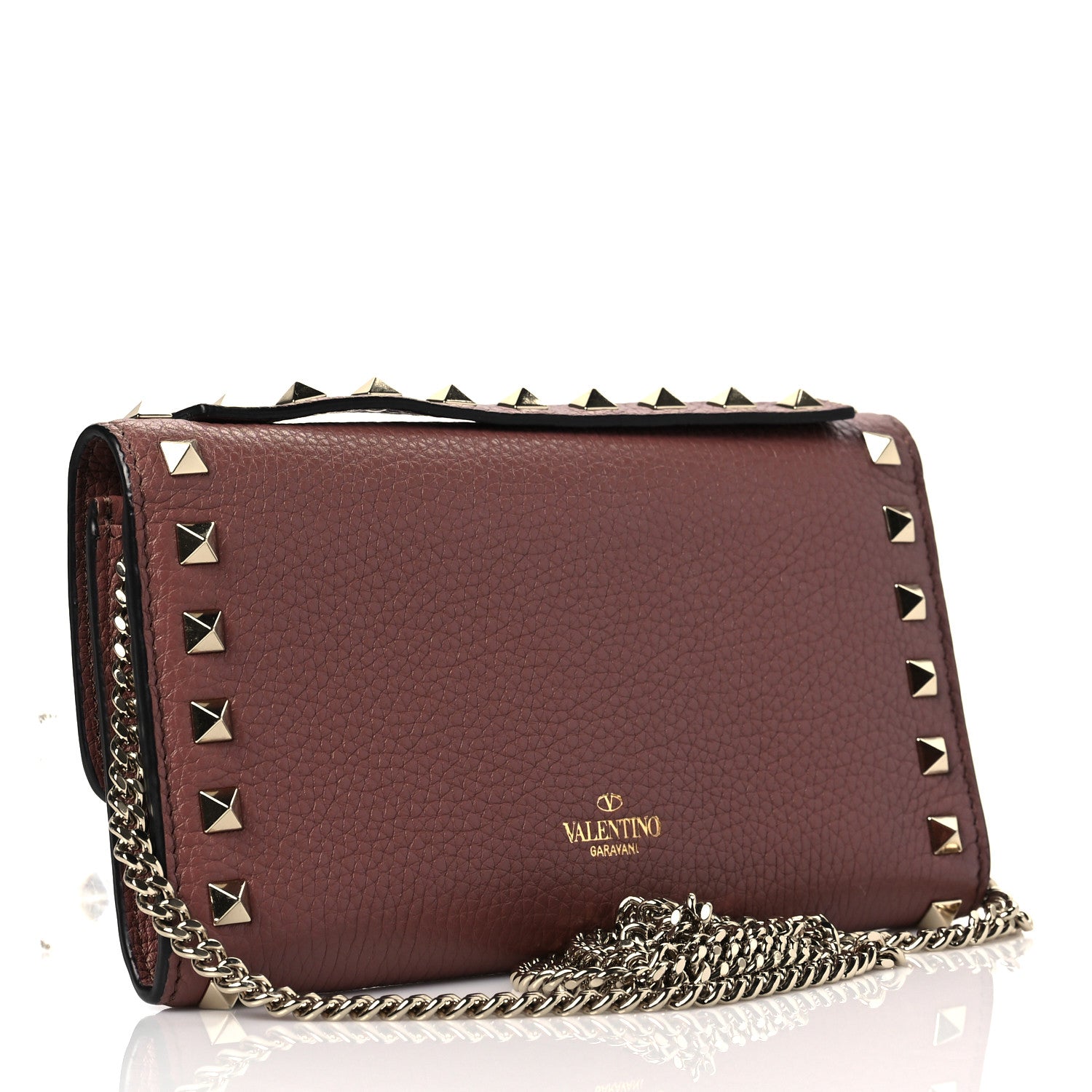 Valentino Garavani Pebbled Calfskin Rockstud Flip Lock Wallet On Chain English Rose 2 of 8