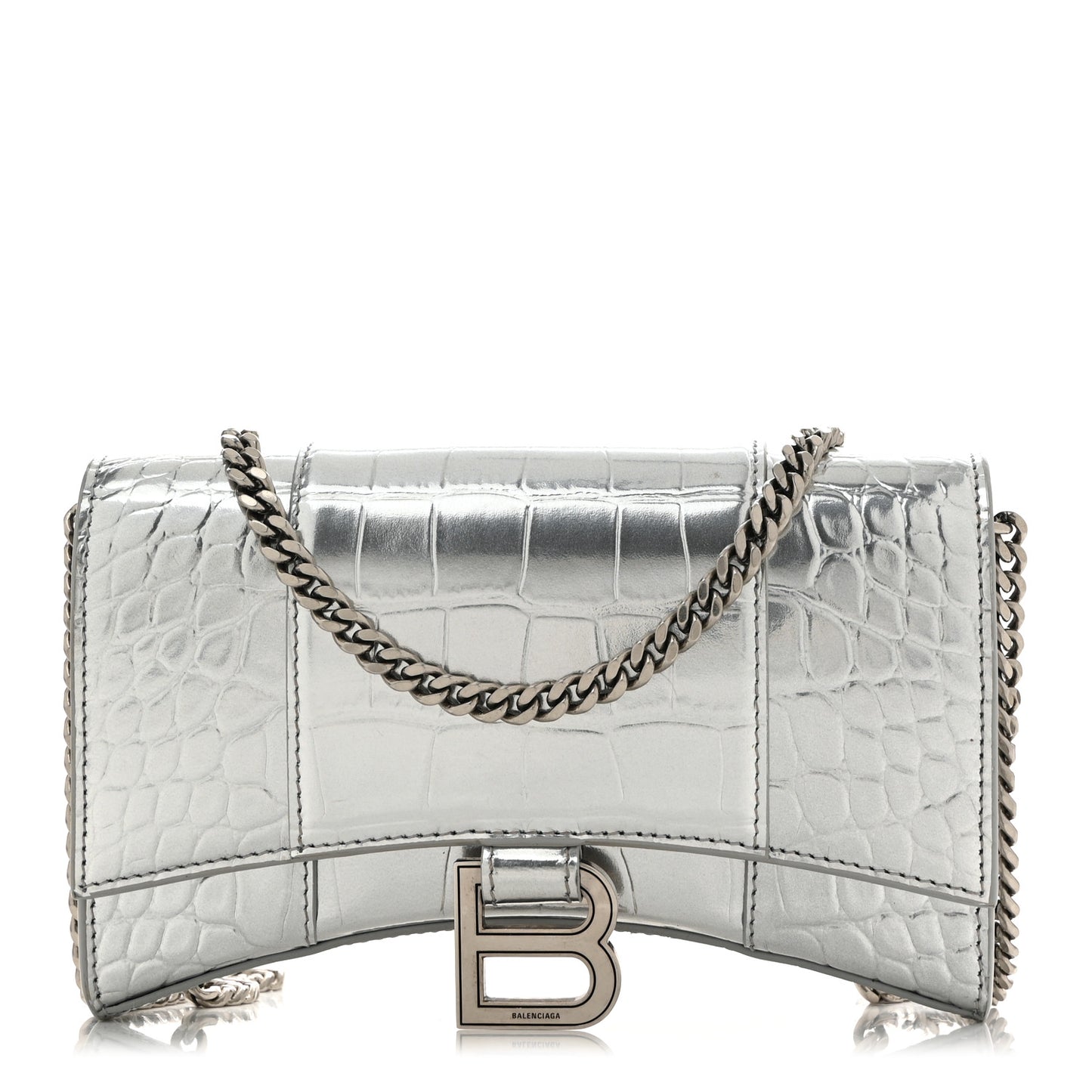 Metallic Calfskin Crocodile Embossed Hourglass Chain Bag Silver
