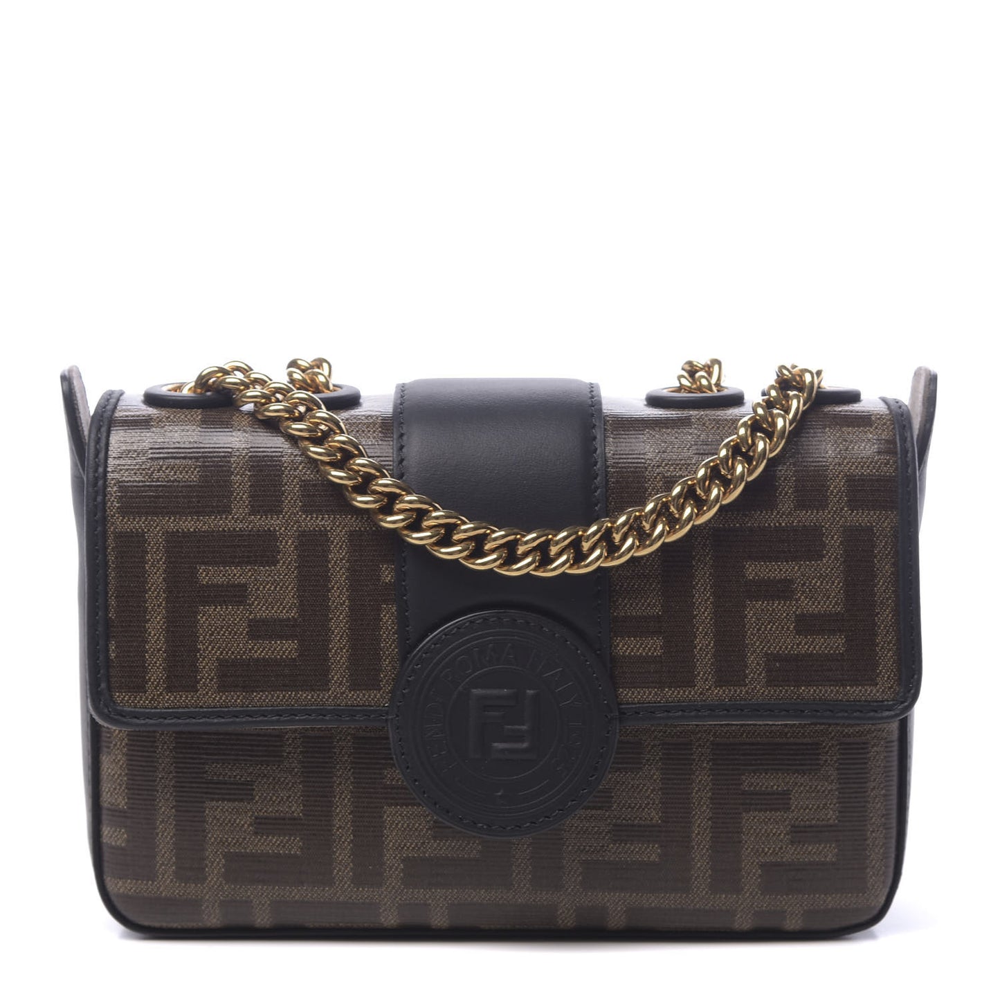 Glazed Fabric Vitello Century FF 1974 Stamp Patch Mini Double F Crossbody Bag Mogano Panna Black