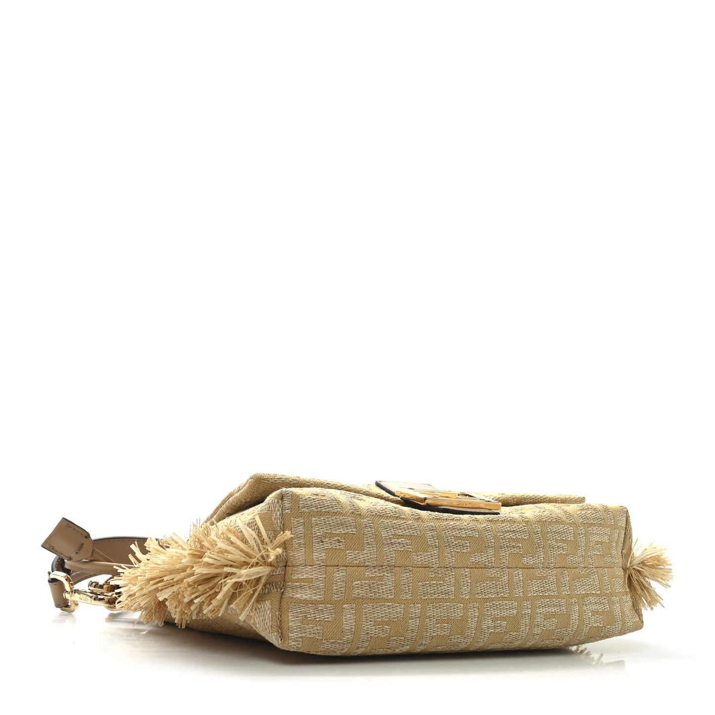 Fabric Jacquard Raffia Straw Fringe Medium Mamma Baguette Beige