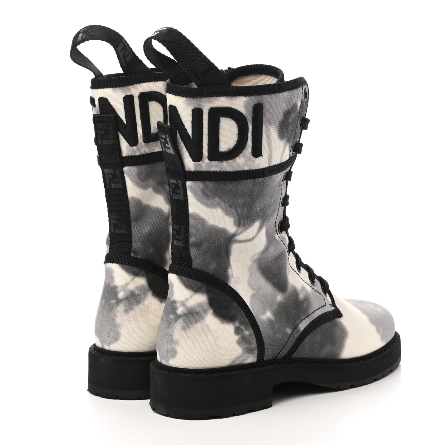 Canvas Floral Print Logo Bi-Color Womens Biker Boots White Black