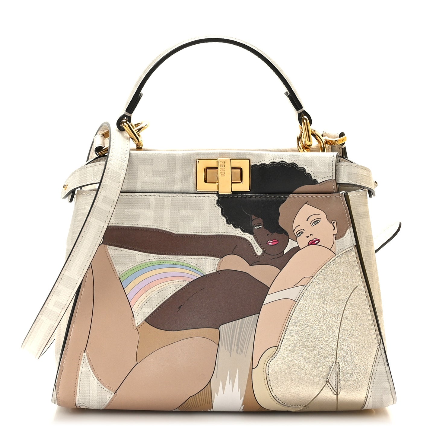 Glazed Fabric Nappa FF Disco Girls Inlay Mini Peekaboo Iconic Satchel Bianco Perla Multicolor