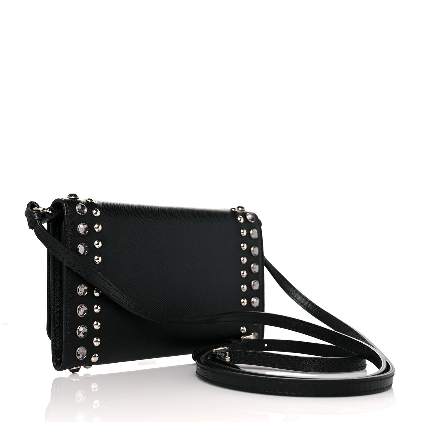 Saffiano Crystal Studded Chain Wallet Black