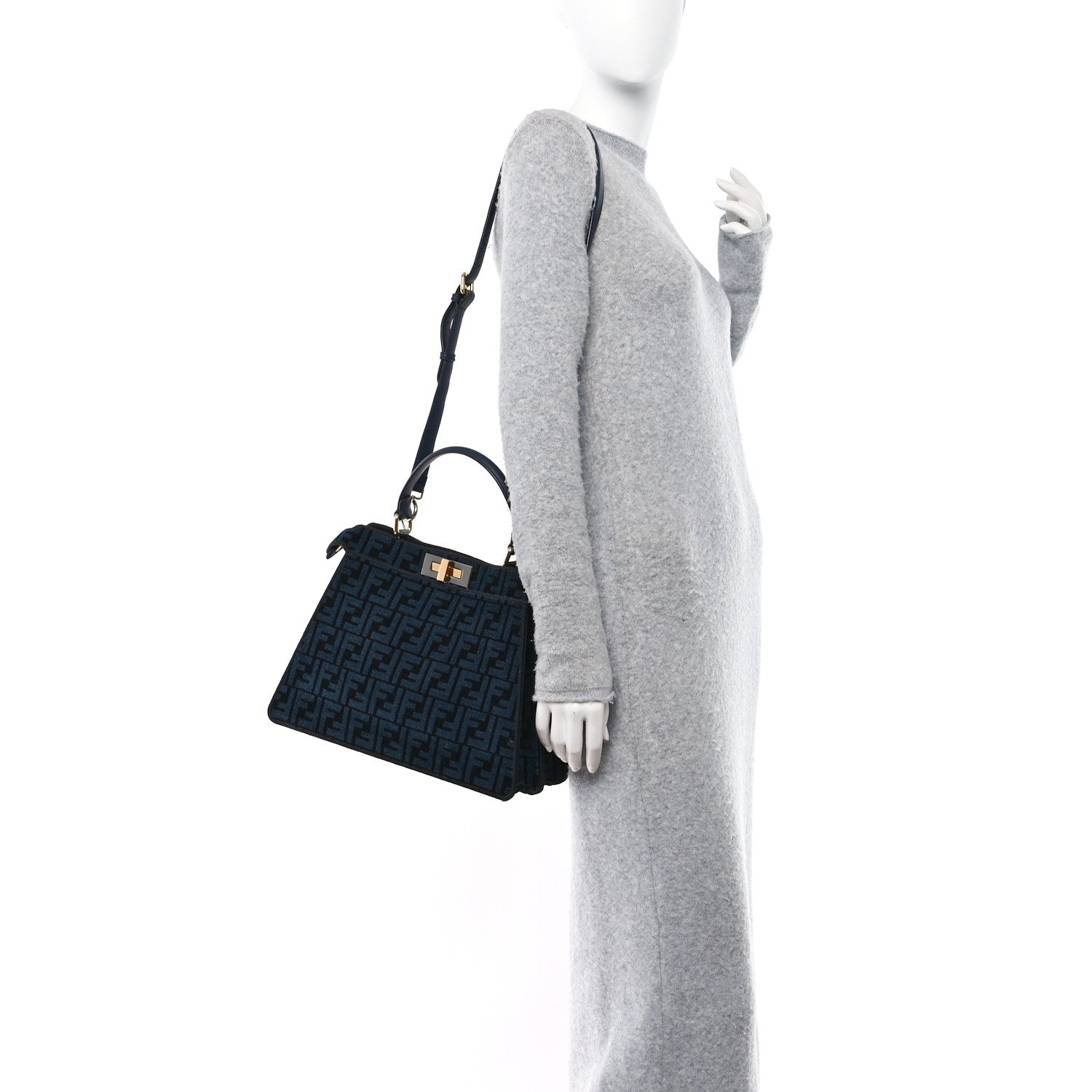 Fendi Chenille Vitello Seta FF Medium Peekaboo I SEE U Satchel Blue Black 2 of 12