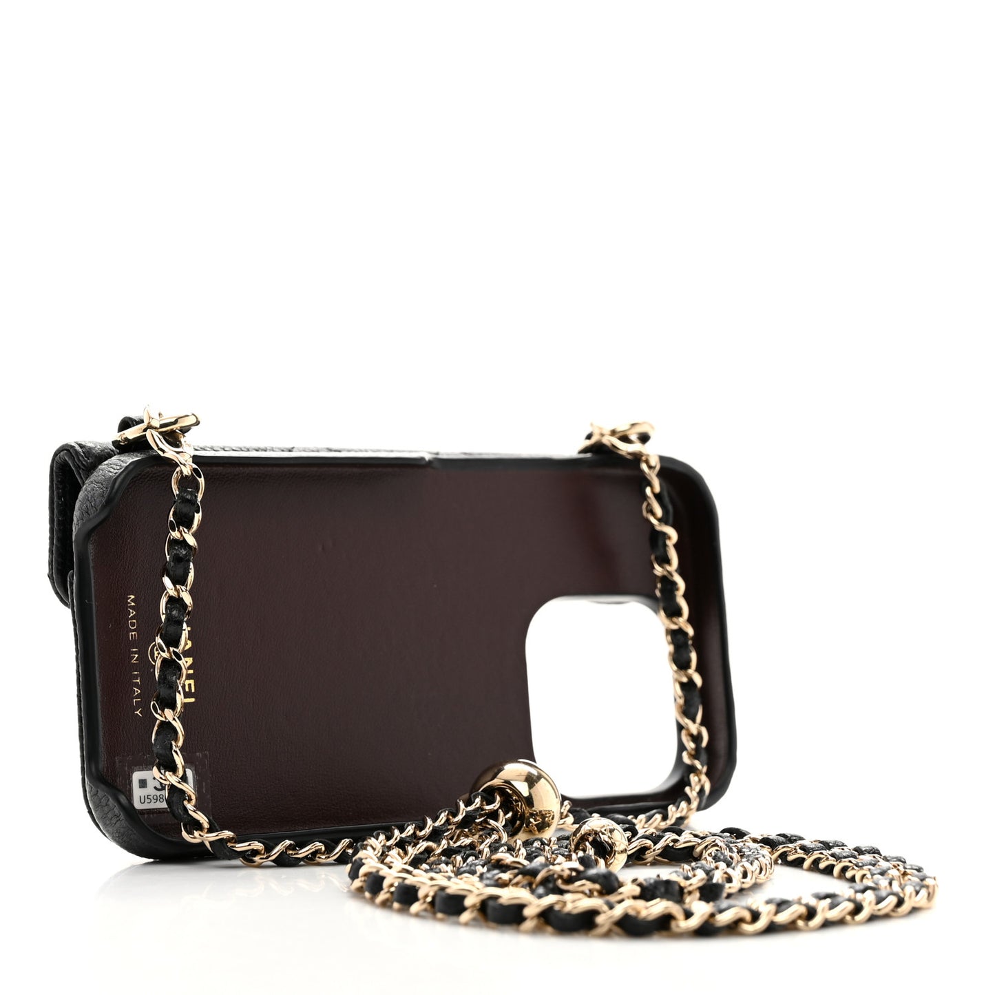 Caviar Quilted Pearl Crush iPhone 15 Pro Holder With Chain Black
