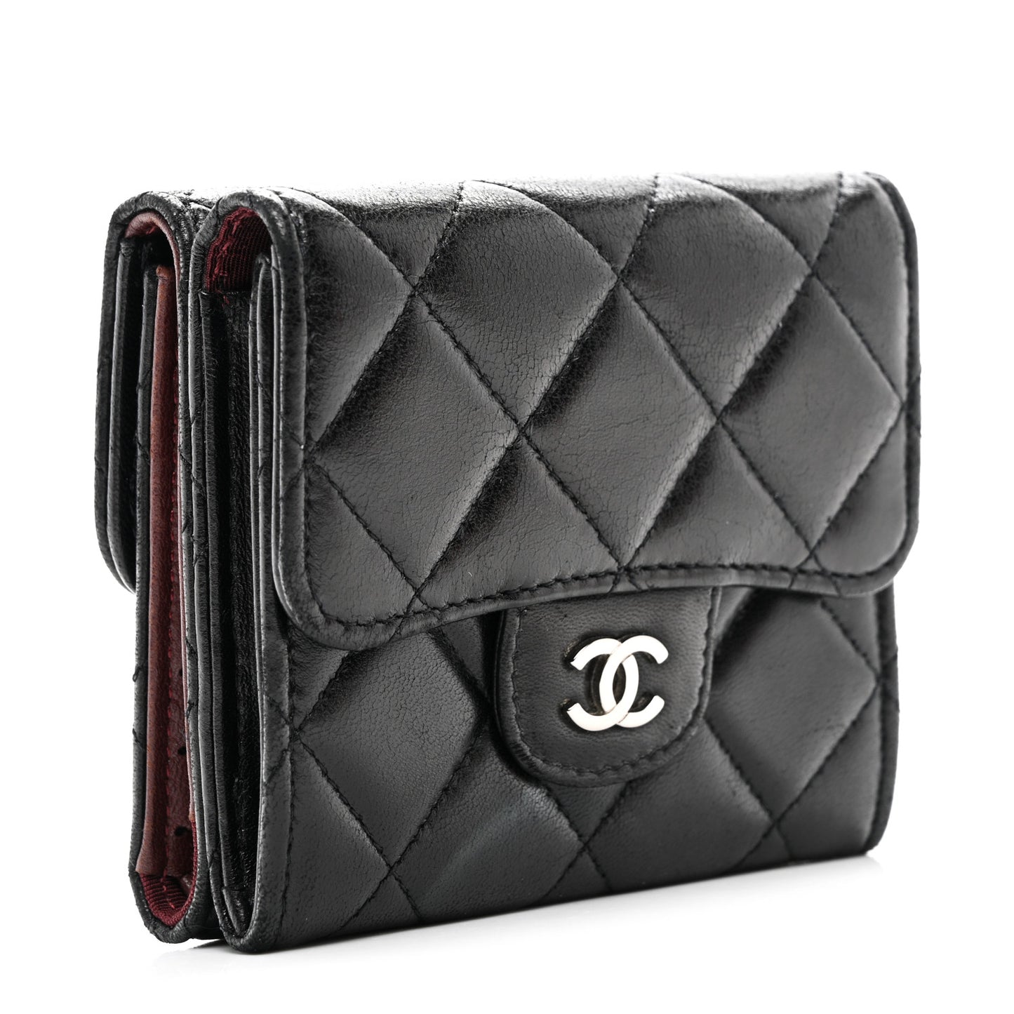 Lambskin Quilted Tri-Fold Flap Wallet Black