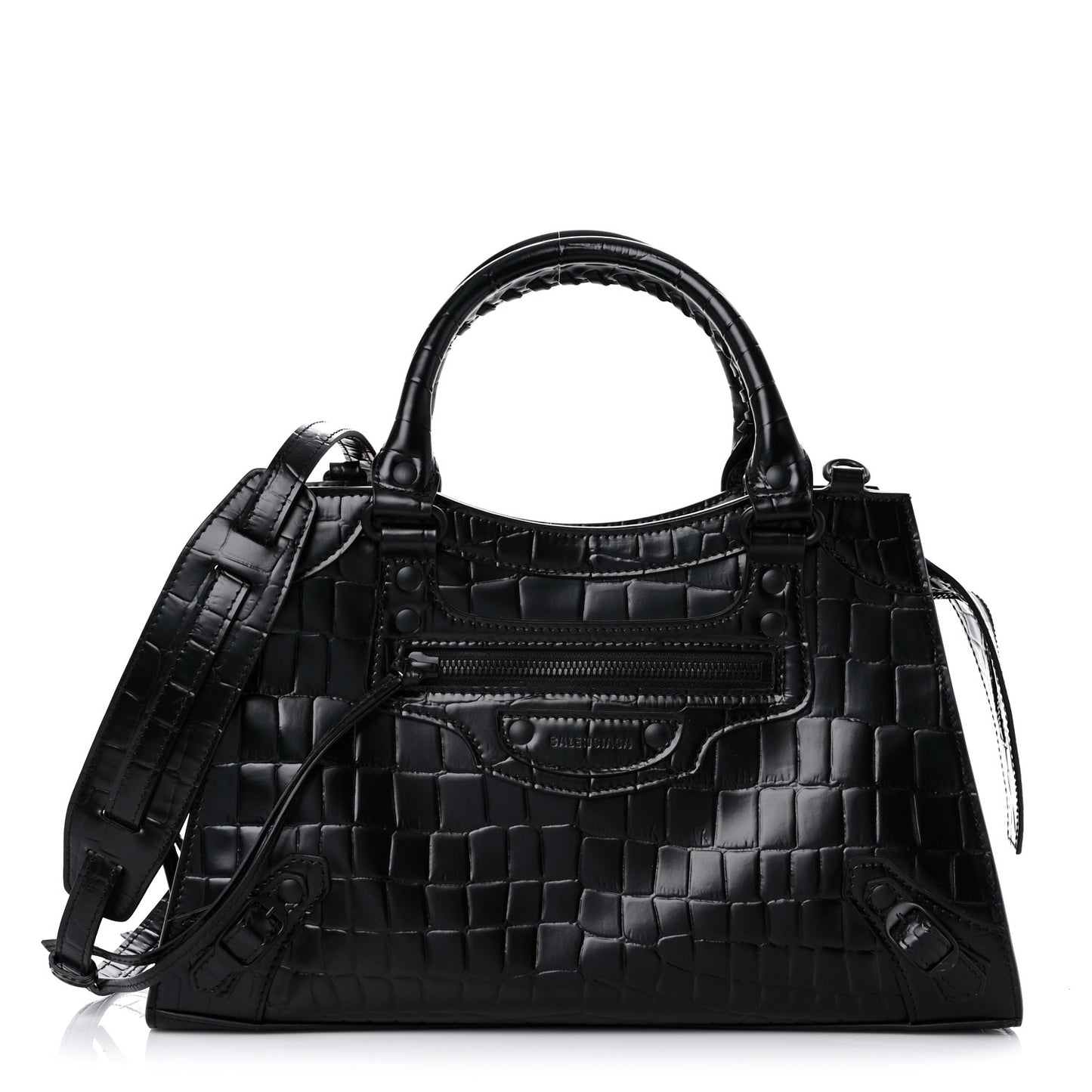 Semi Shiny Calfskin Crocodile Embossed Neo Classic Black Hardware S City Black