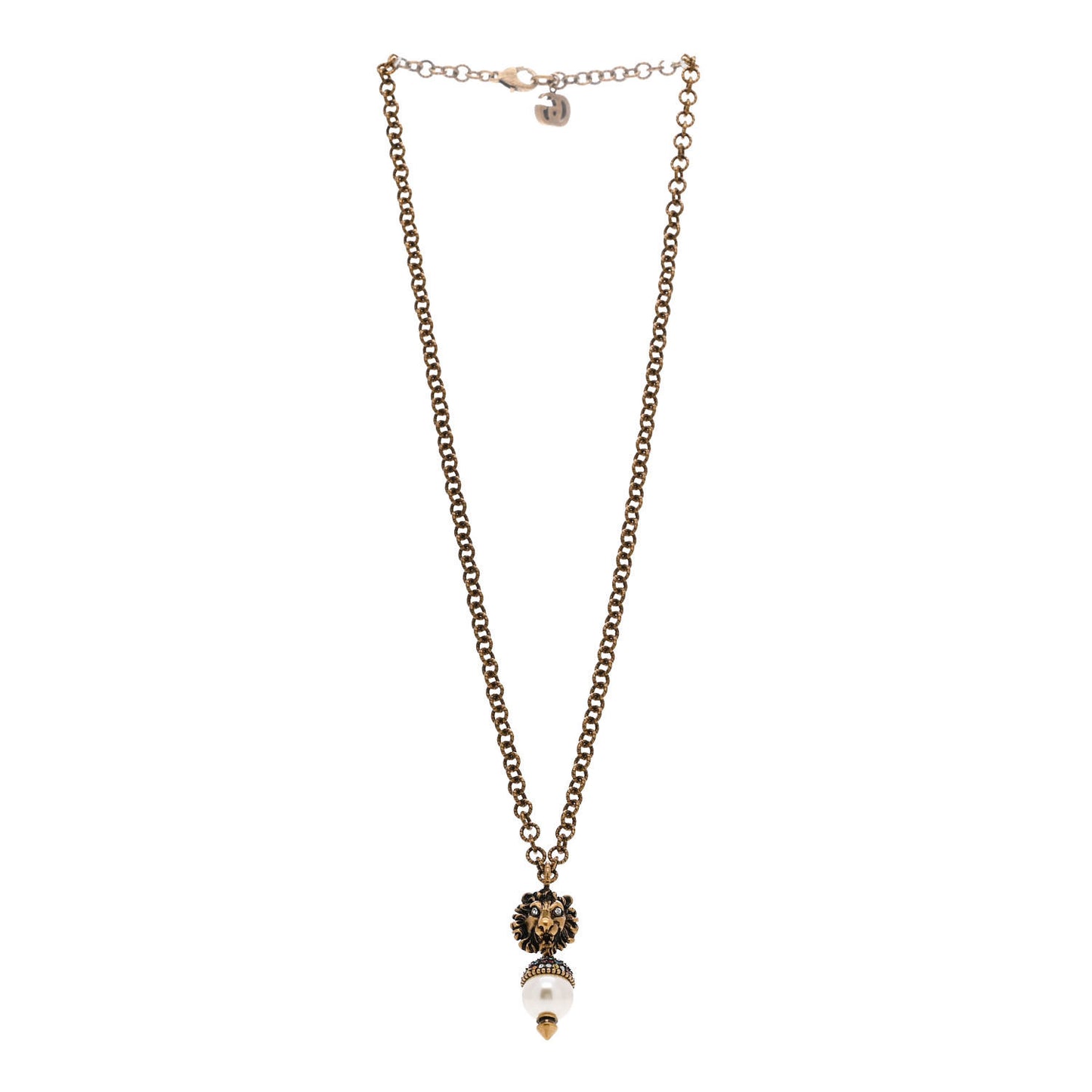 Metal Crystal Pearl Lion Head Necklace Aged Gold