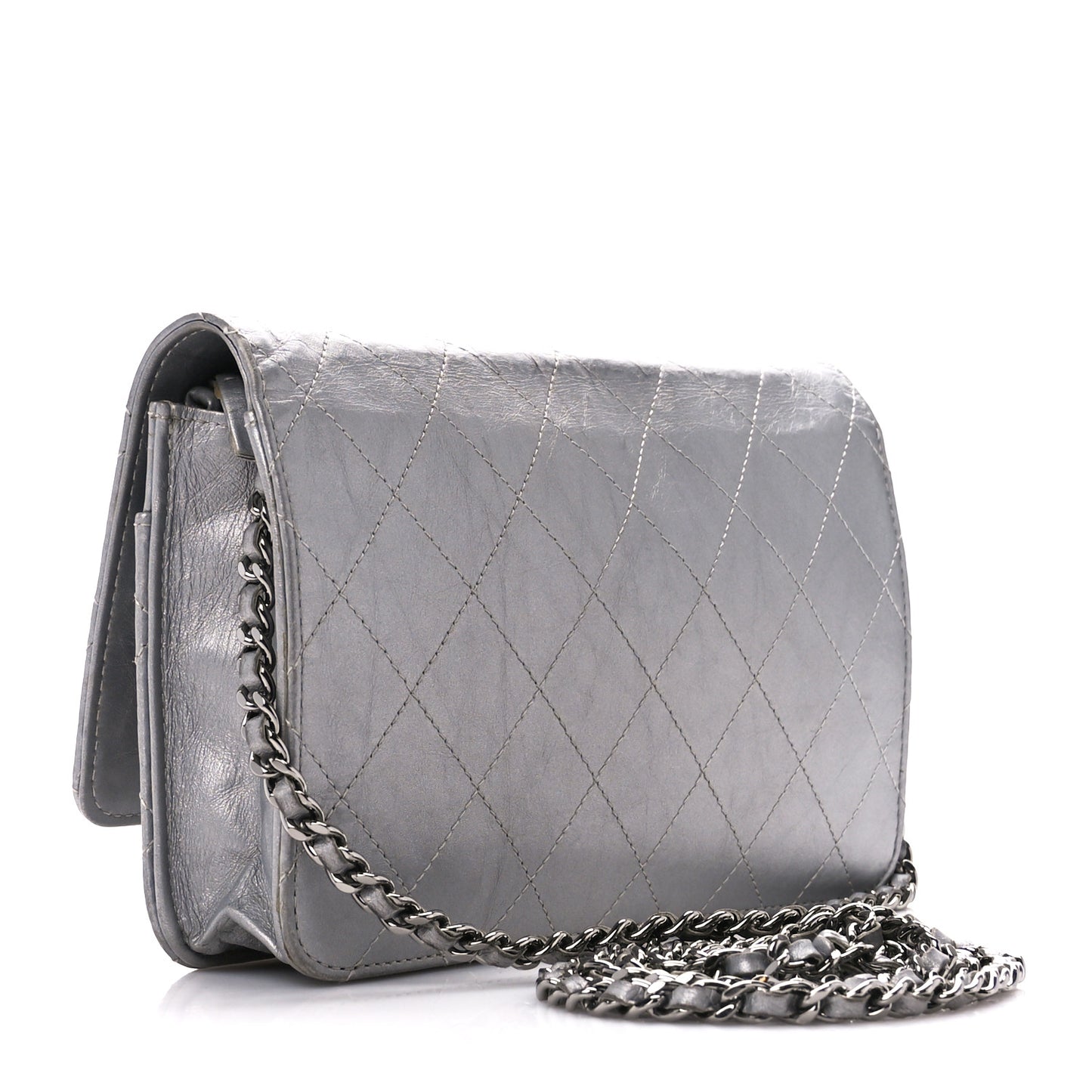 Metallic Aged Calfskin Quilted Wallet on Chain WOC Silver