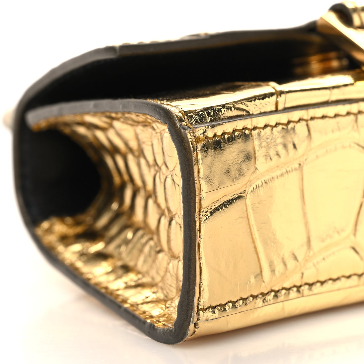 Metallic Calfskin Crocodile Embossed Hourglass Top Handle Bag Mini with Chain Gold