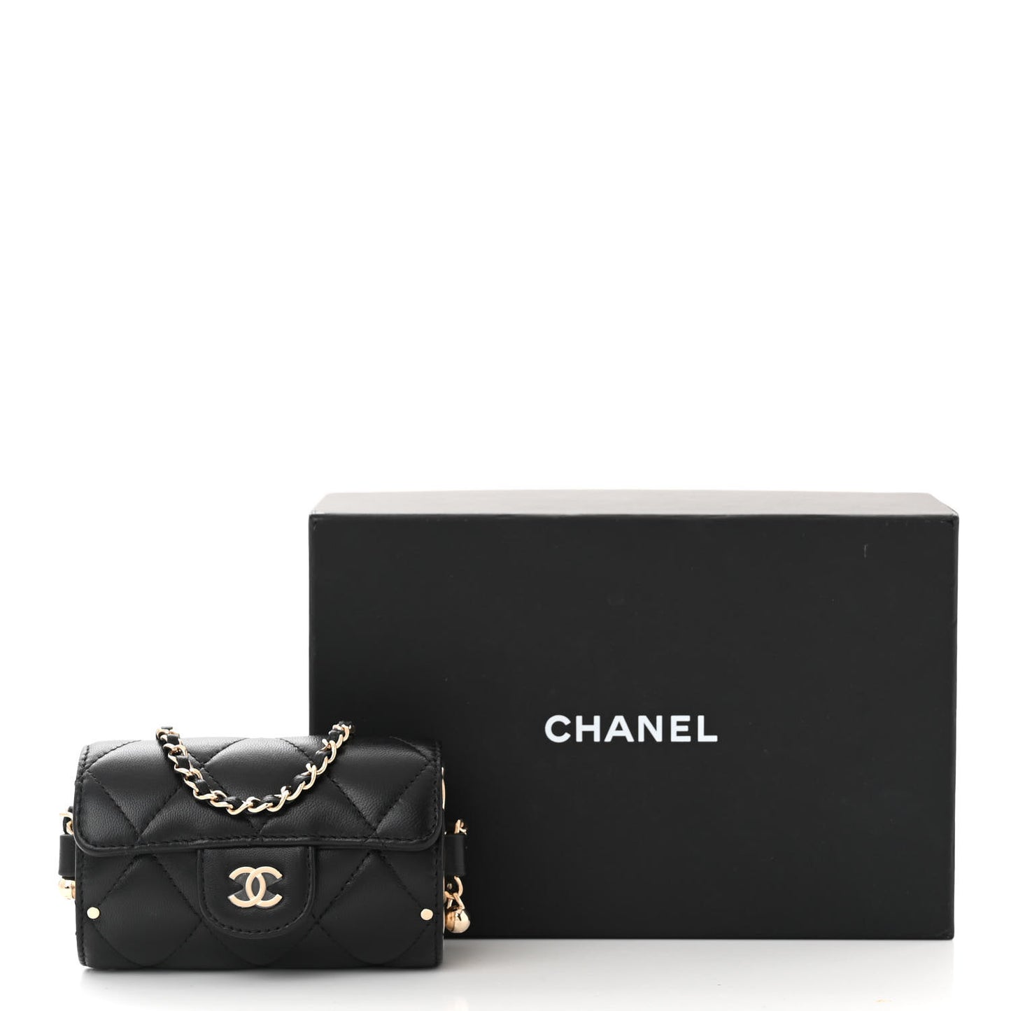 Lambskin Quilted Box Of Secrets Card Holder With Chain Black