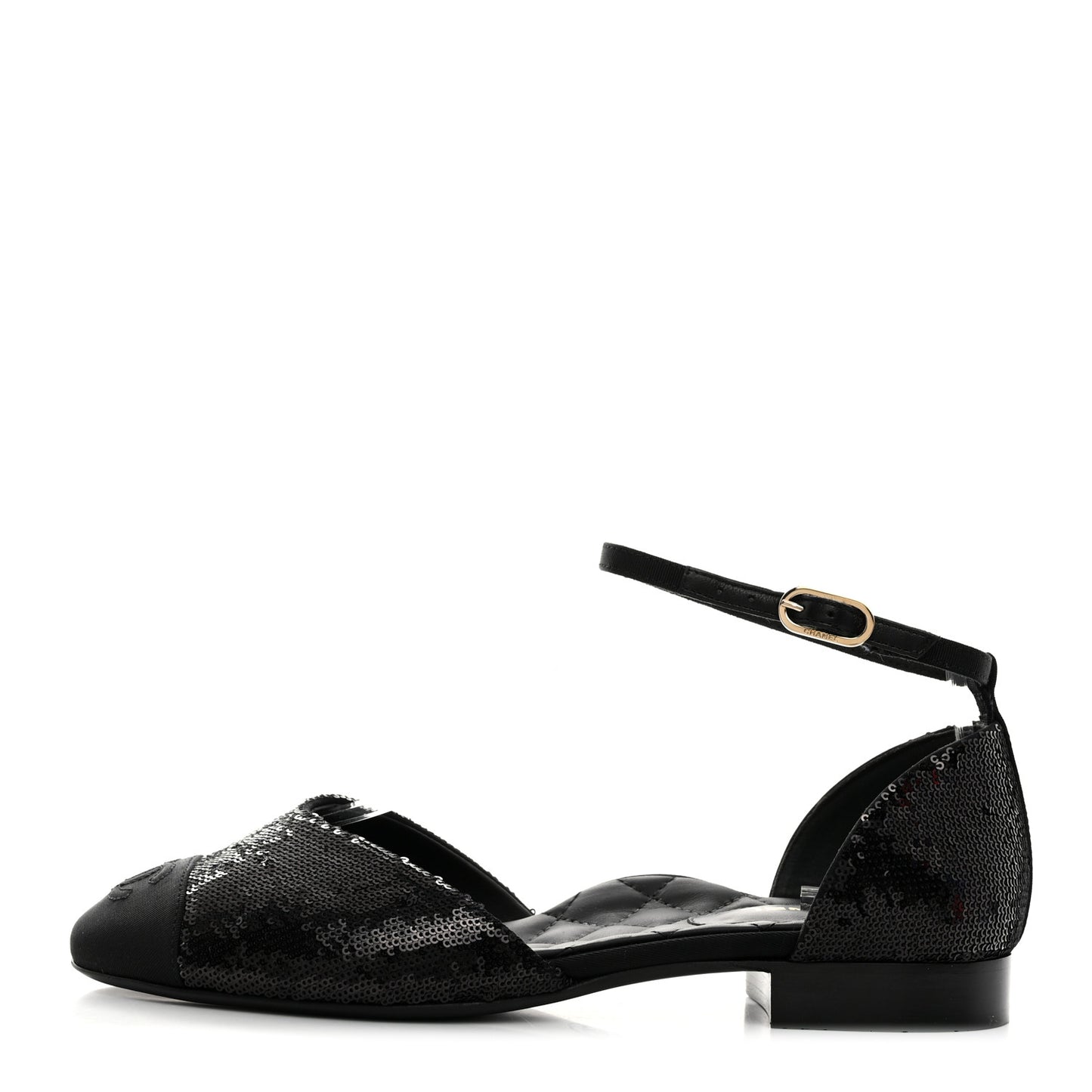 Sequin Grosgrain CC Cap Toe Ankle Flat 37 Black