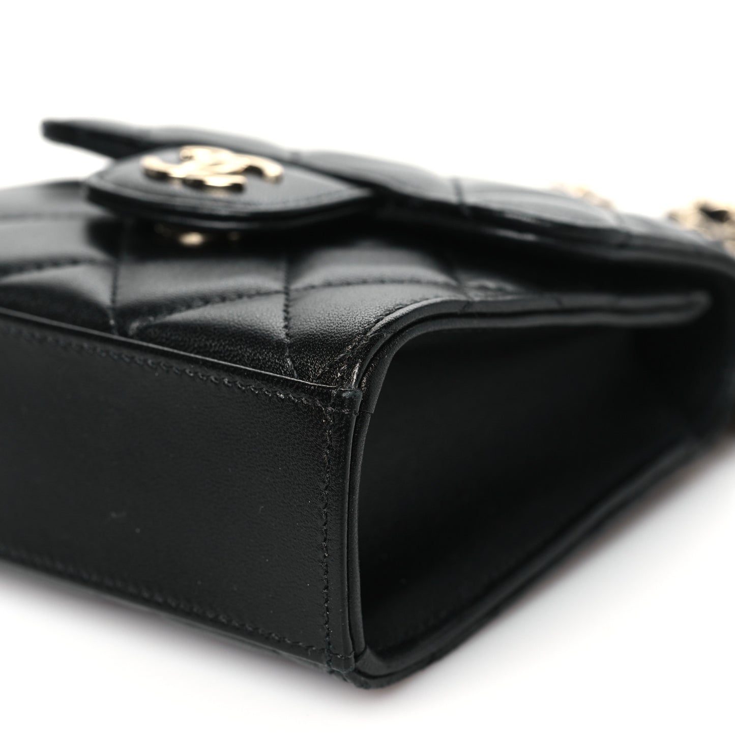 Lambskin Quilted Top Handle Flap Clutch With Chain Black