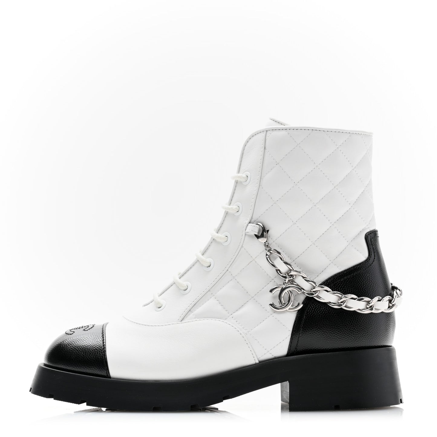Caviar Calfskin Quilted Chain Lace Up Combat Boots 38 White Black