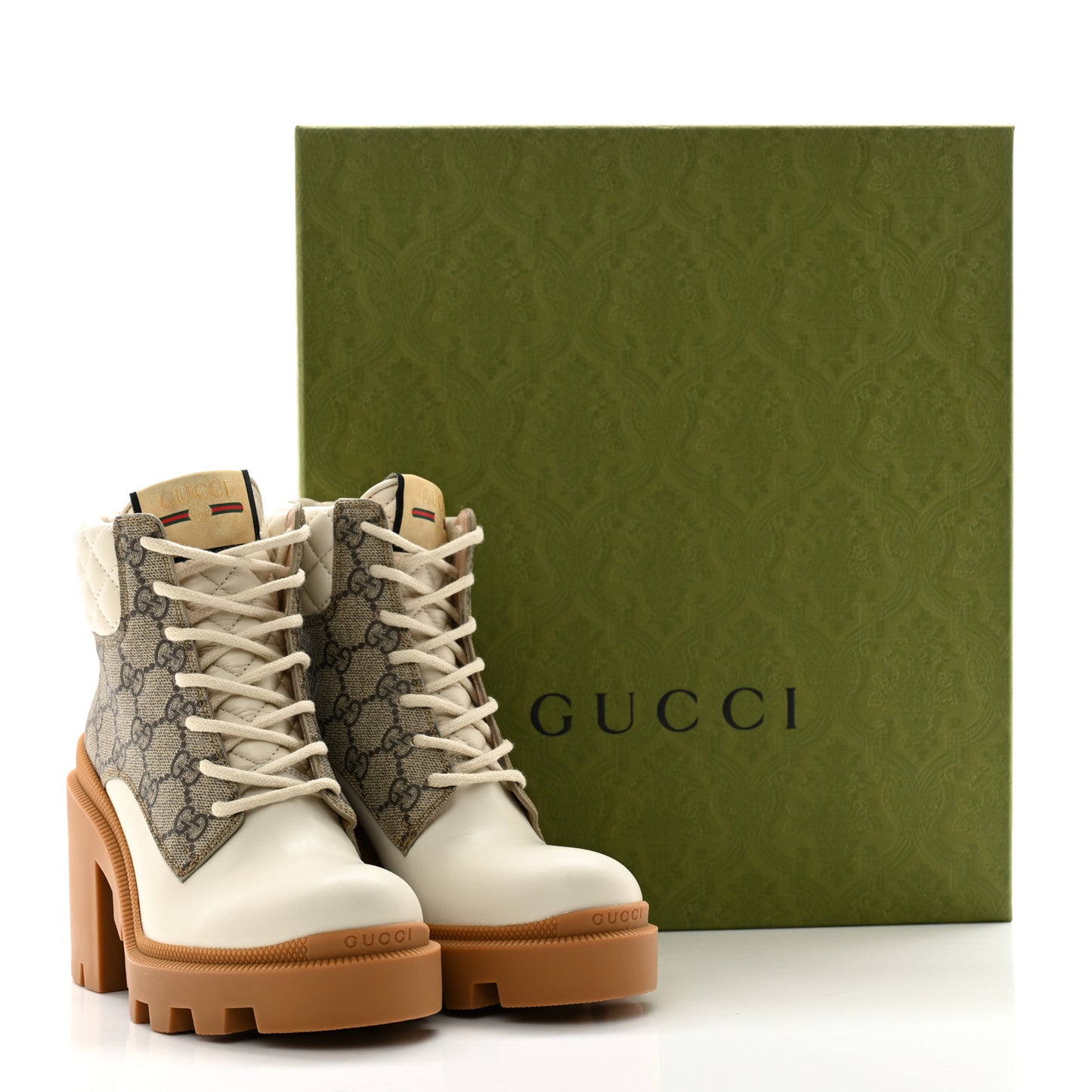 Calfskin GG Supreme Monogram Nappa Quilted Lace Up Ankle Boots 35 Mystic 35.5 White Beige