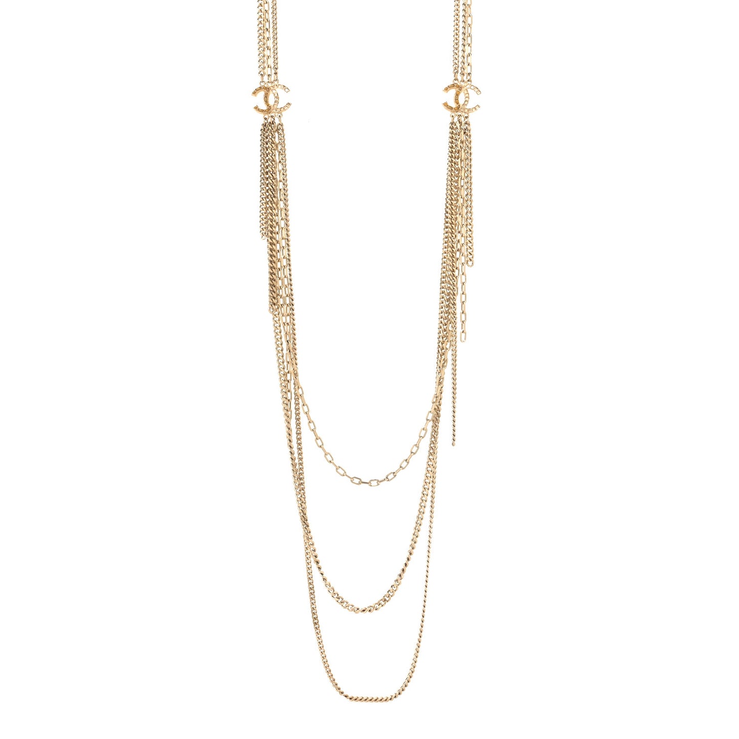 Baguette Crystal Gripoix Poured Glass CC Multi Strand Chain Necklace Light Gold