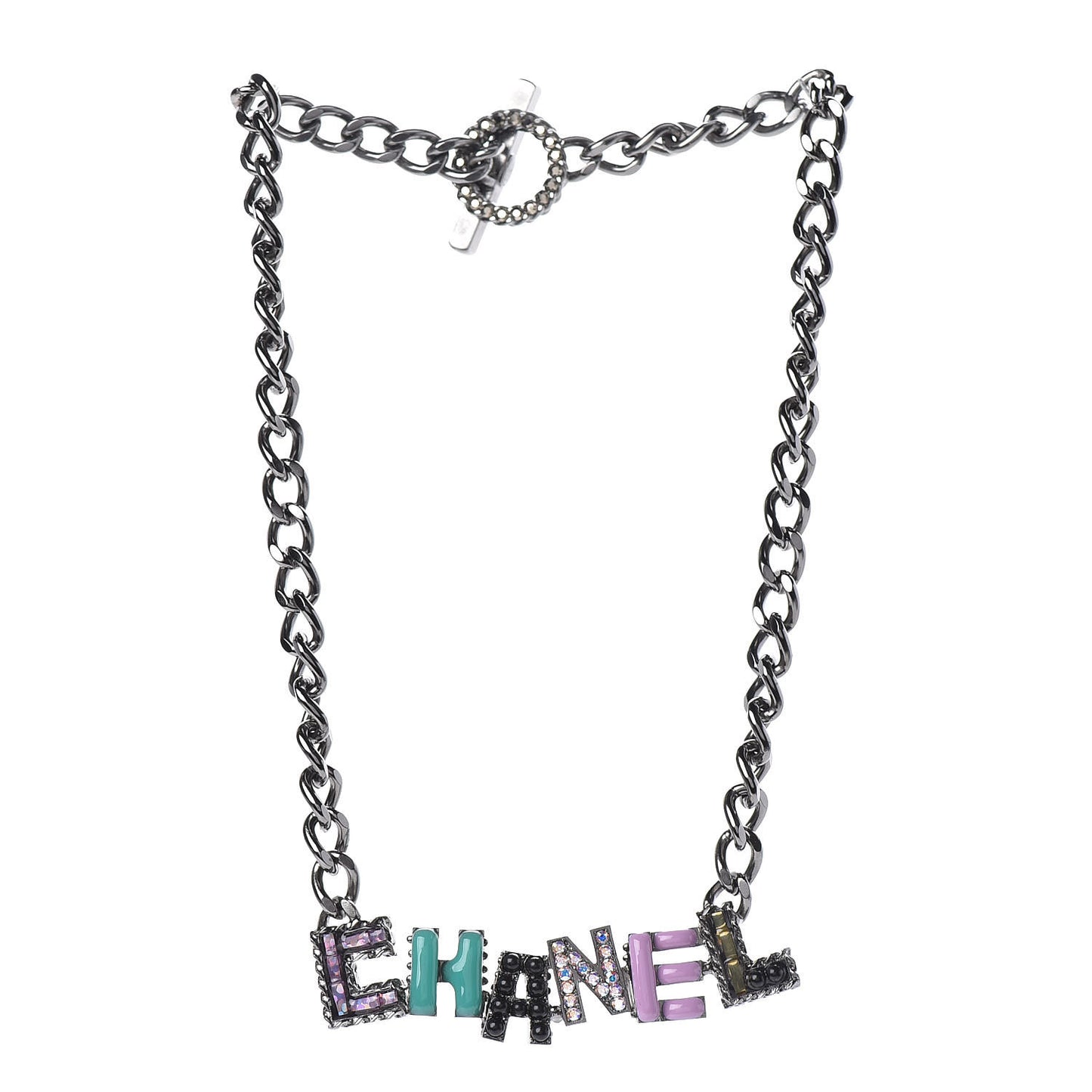 Metal Strass Enamel CC Chain Link Choker Necklace Dark Silver