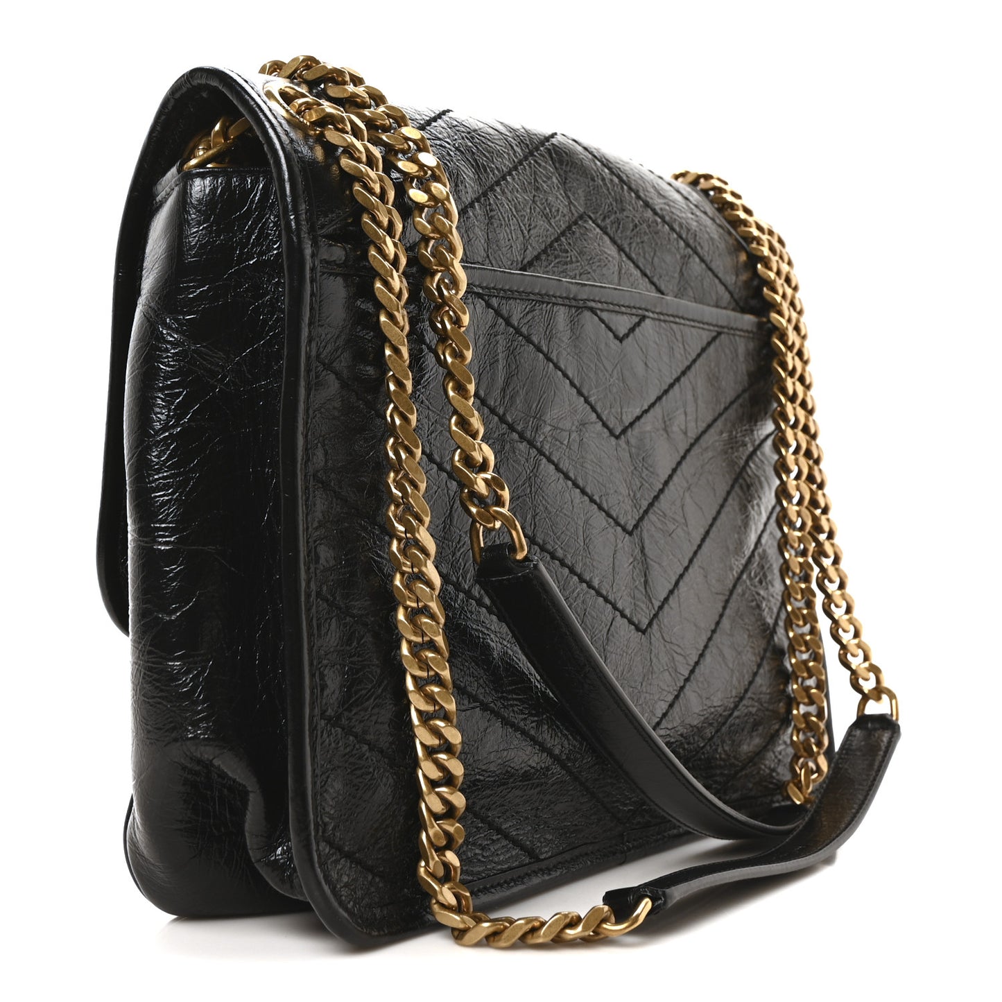 Crinkled Calfskin Matelasse Monogram Medium Niki Chain Satchel Black