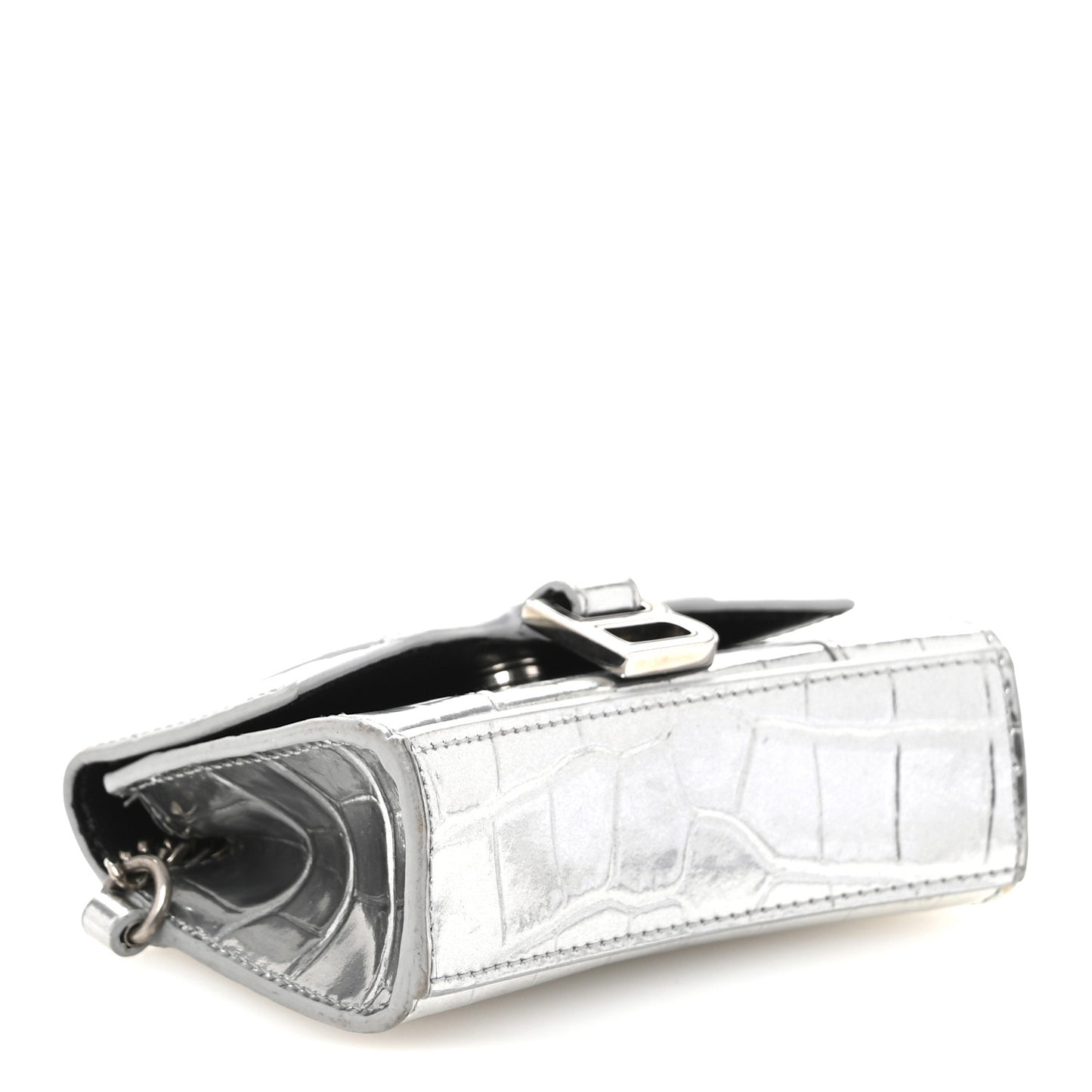 Metallic Calfskin Crocodile Embossed Hourglass Chain Cardholder Silver
