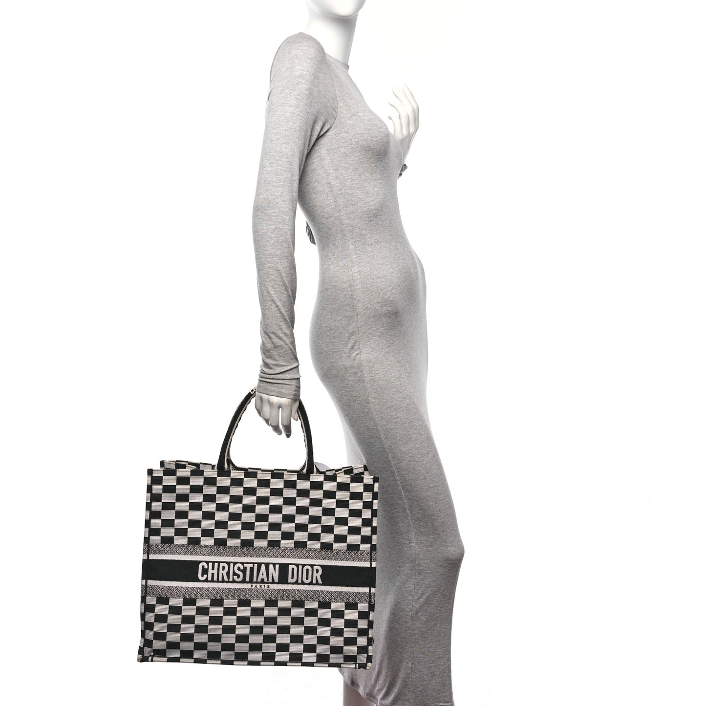 Canvas Embroidered Checkered Book Tote Black White