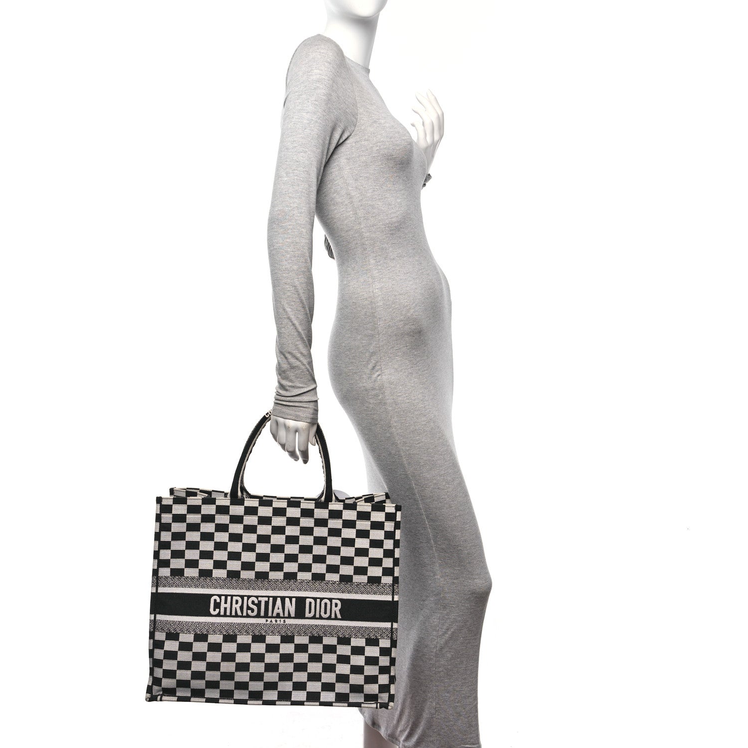 Christian Dior Canvas Embroidered Checkered Book Tote Black White 2 of 10
