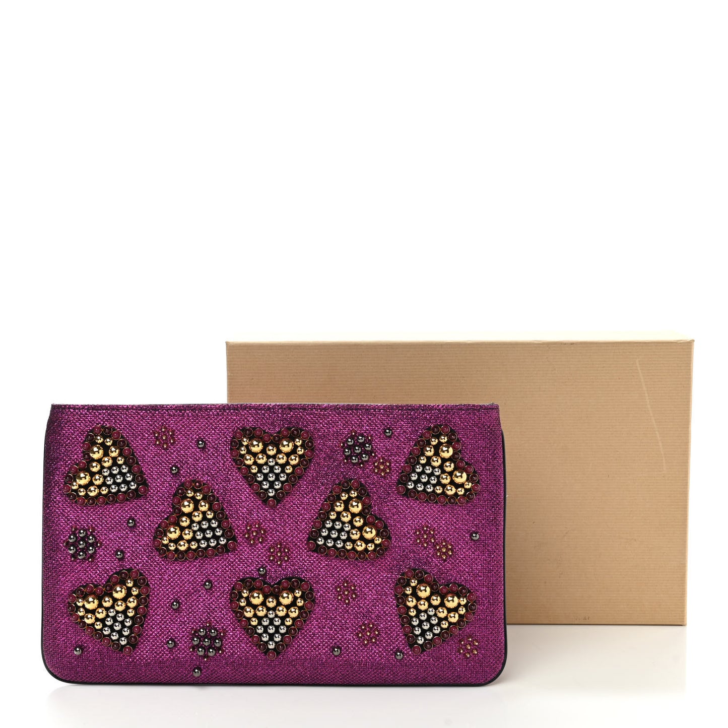 Metallic Raffia Studded Loubiposh Chain Clutch Magenta