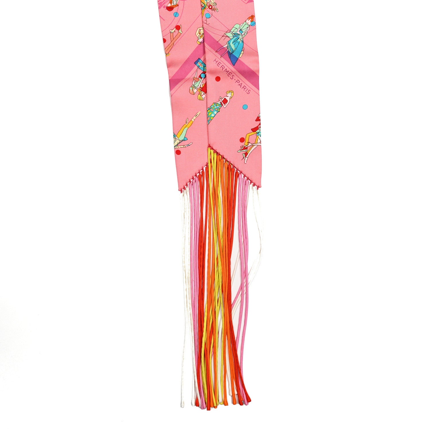 Hermes Silk Ex-Libris Les Parisie Fringed Twilly Rose Malabar Jaune 2 of 4