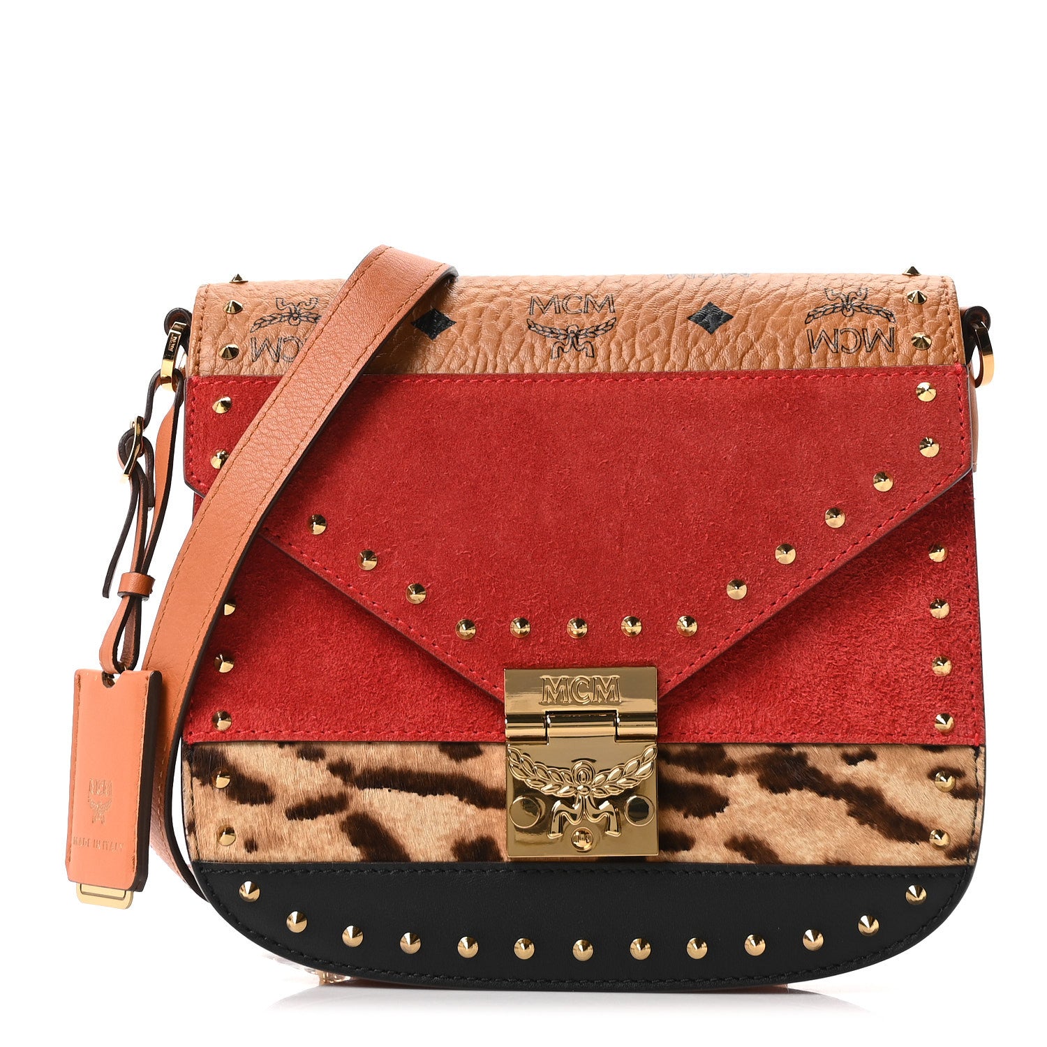 MCM Suede Calf Hair Visetos Patricia Crossbody Bag Cognac