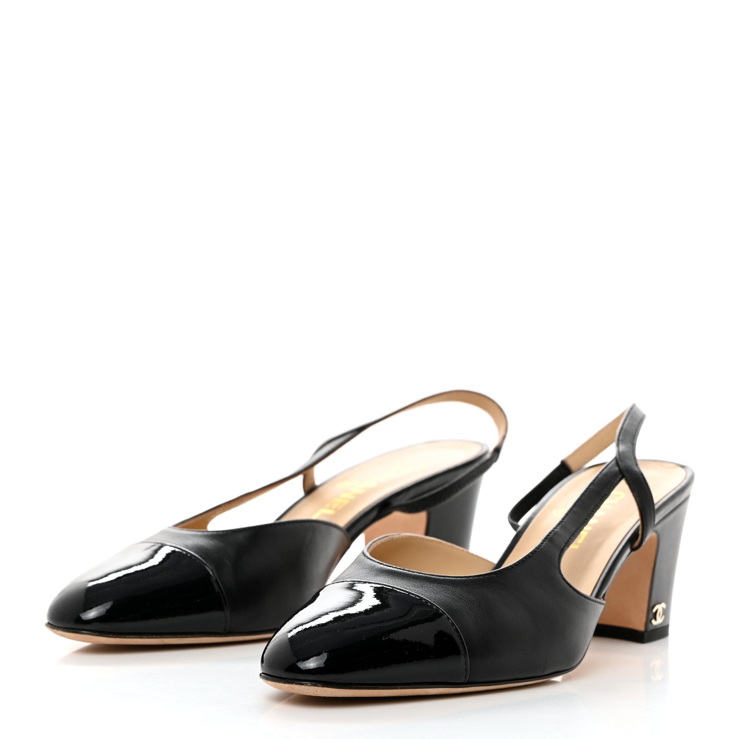 Lambskin Patent Cap Toe CC Slingback Pumps 38 Black