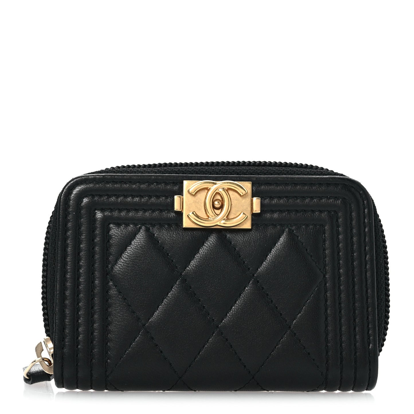 Lambskin Quilted Zip Around Boy Coin Purse Wallet Black