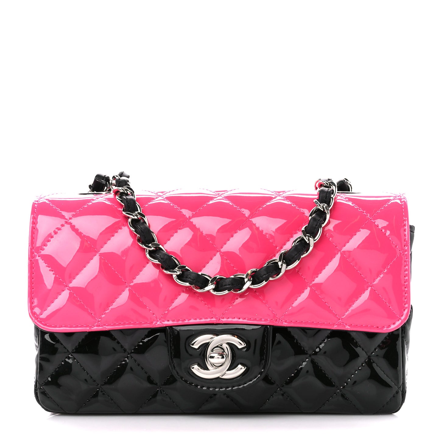 Patent Calfskin Quilted Bi-Color Mini Rectangular Flap Pink Black