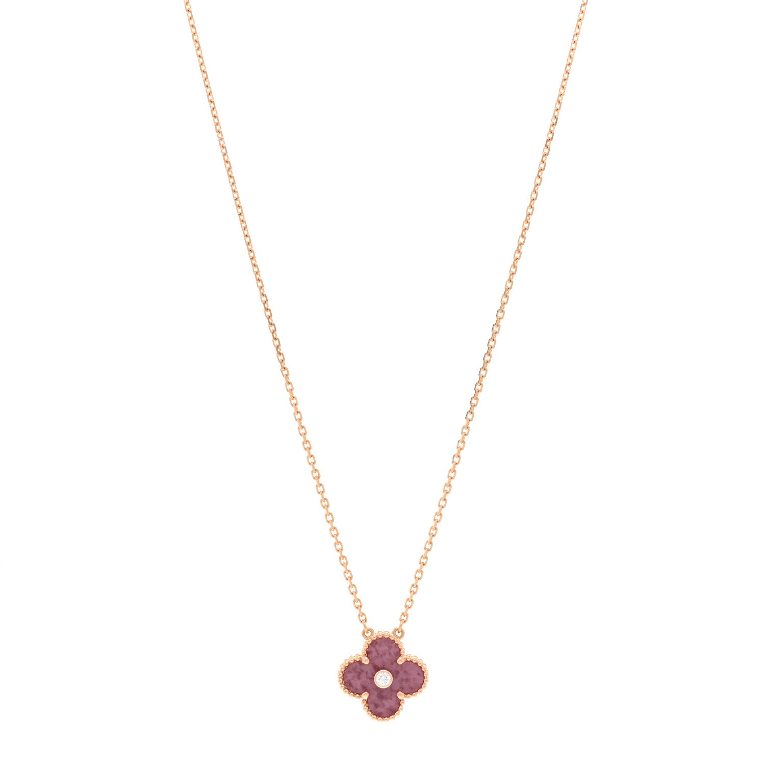 Van Cleef & Arpels 18K Rose Gold Diamond Rhodonite Vintage Alhambra Pendant Necklace 1 of 5