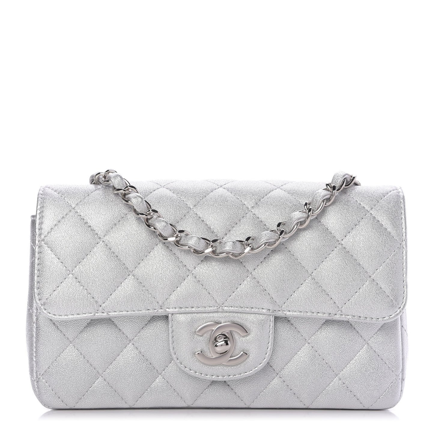 Metallic Lambskin Quilted Mini Rectangular Flap Silver