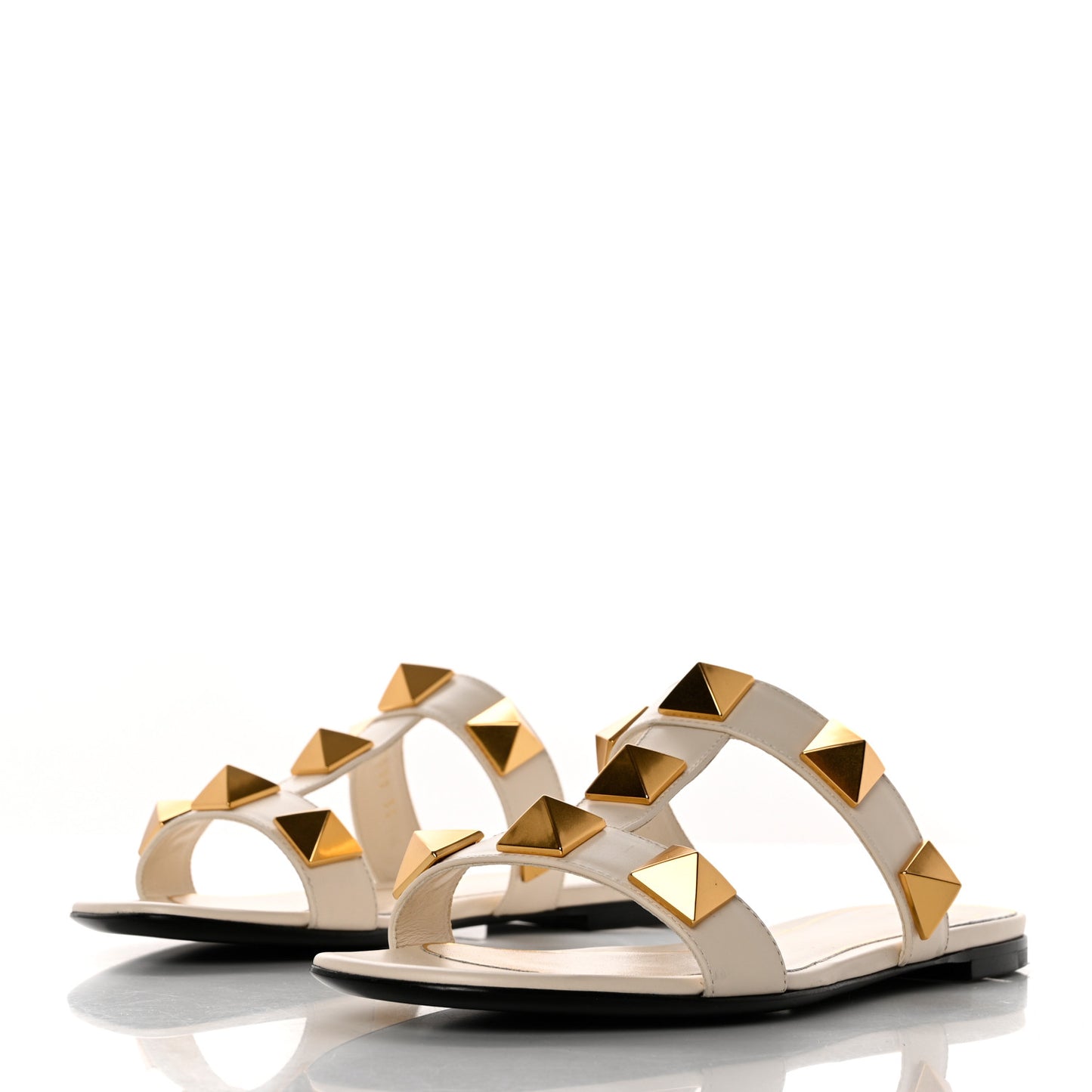 Calfskin Roman Stud Flat Slide Sandals 35 Light Ivory
