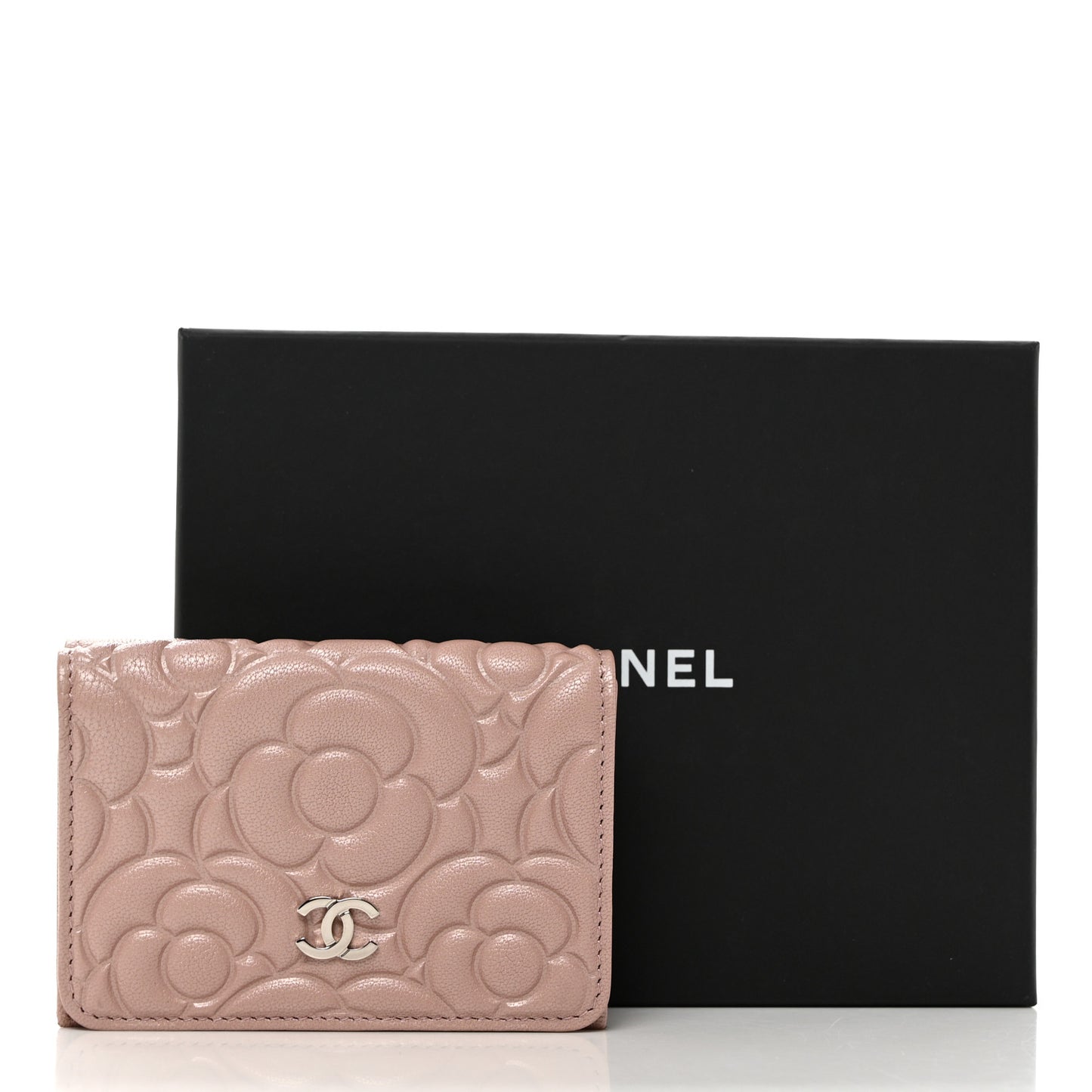 Goatskin Camellia Embossed Compact Wallet Light Pink