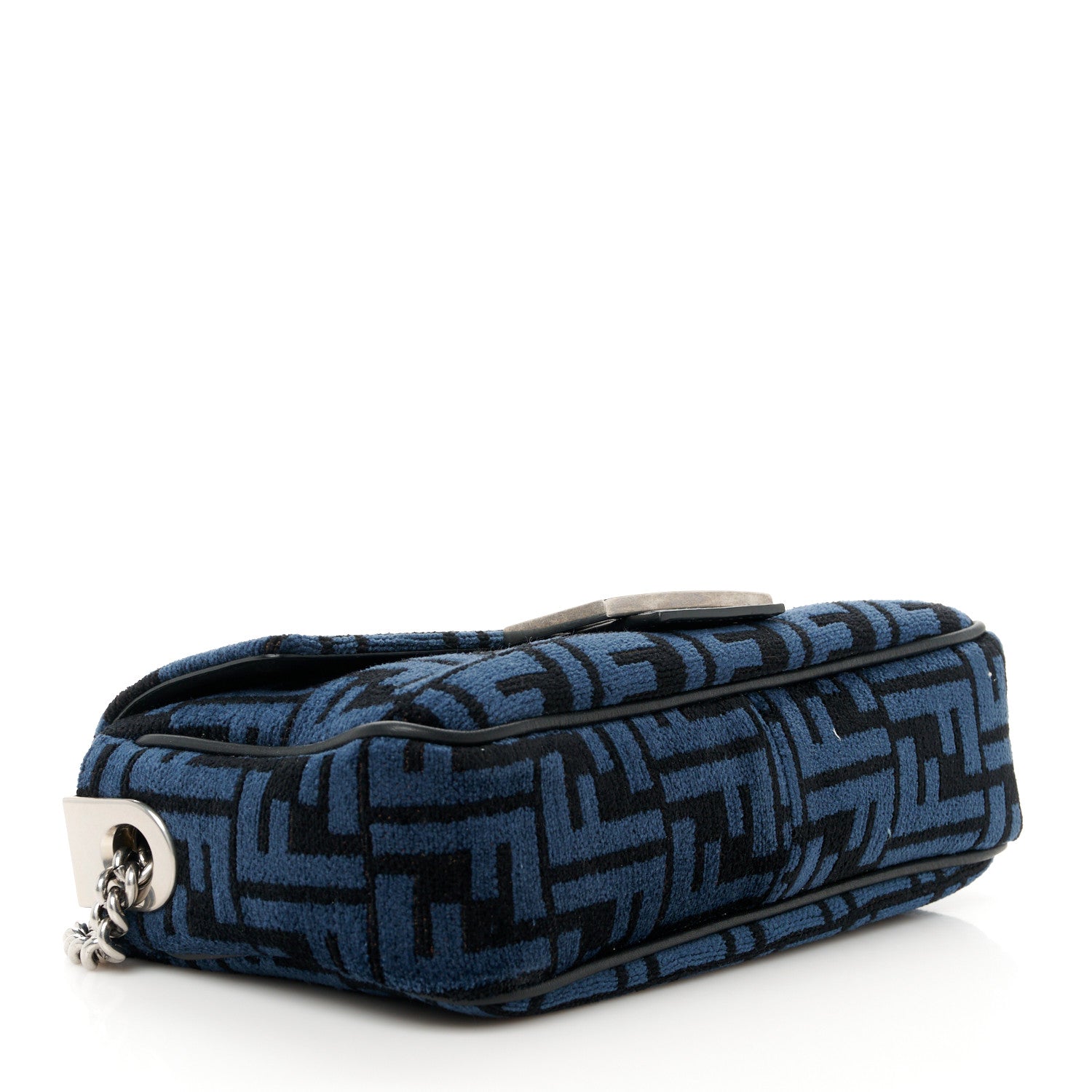 Fendi Chenille Vitello Seta FF Midi Chain Baguette Blue Black 4 of 11