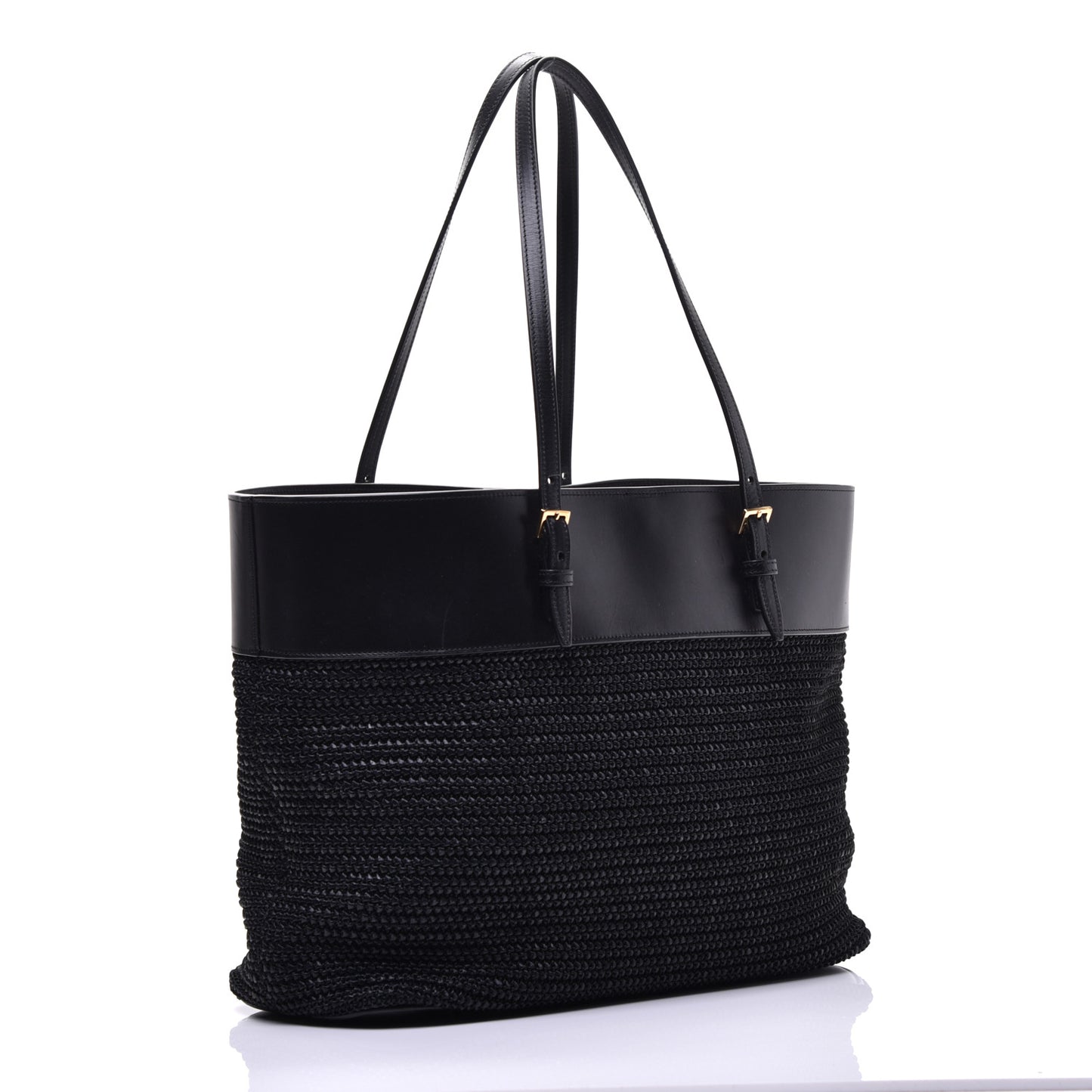 Calfskin Raffia Medium Shopper Tote Black