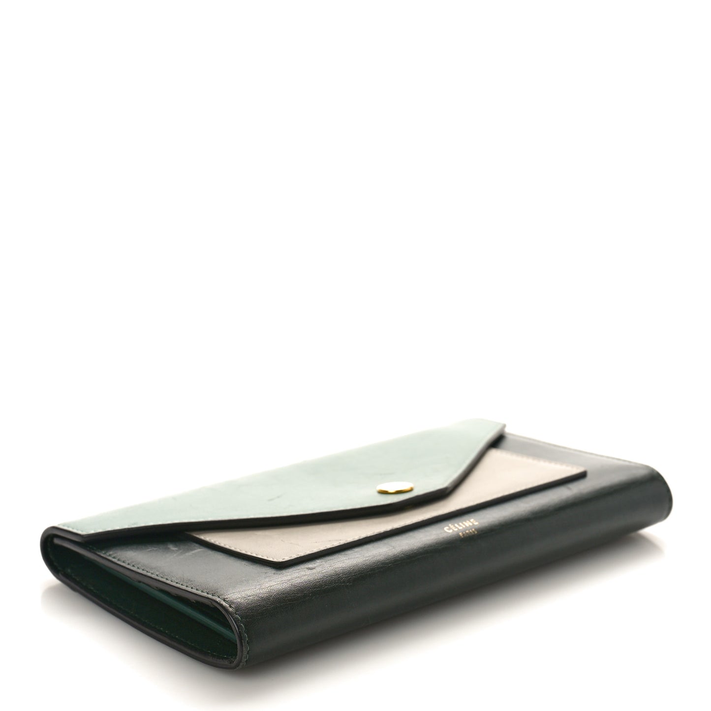 Smooth Calfskin Pocket Tri-Fold Multifunction Envelope Flap Wallet Jade
