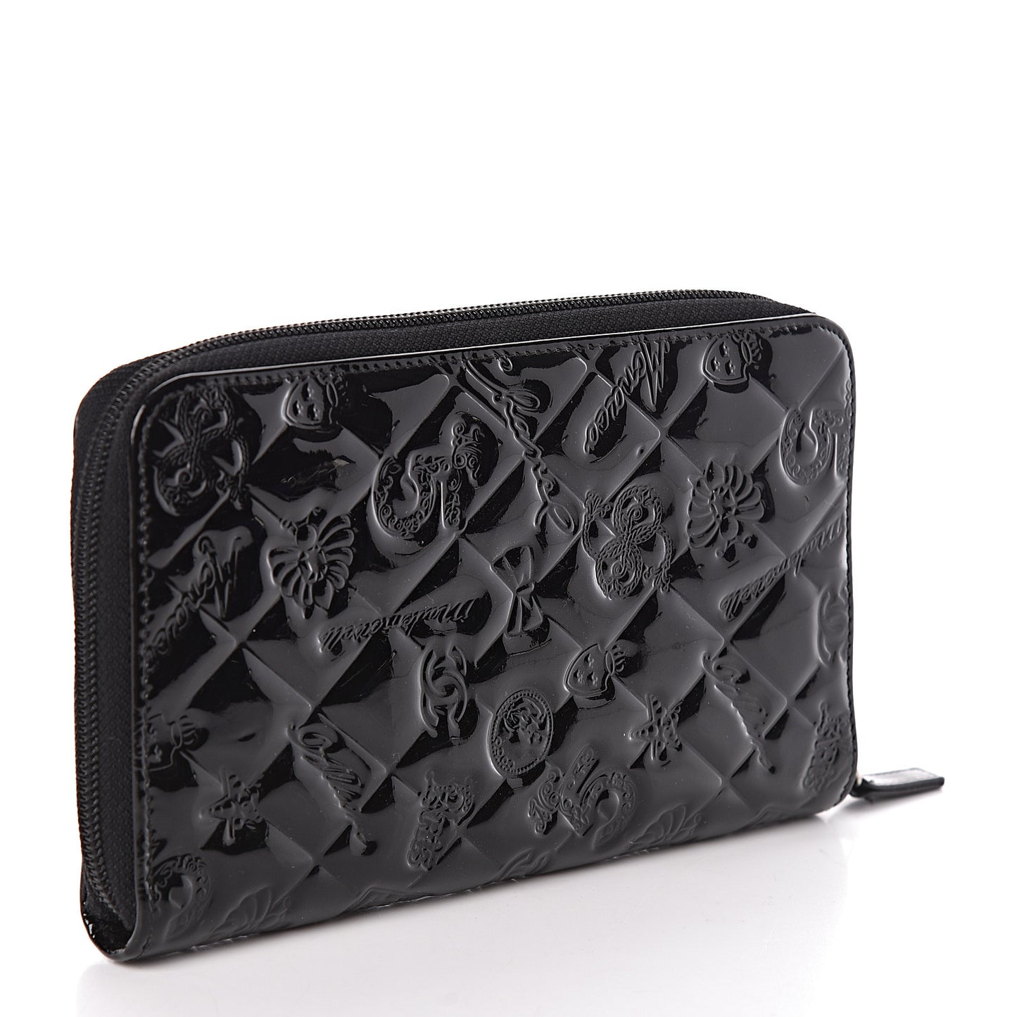 Patent Calfskin Lucky Symbols Zip Around Wallet Black