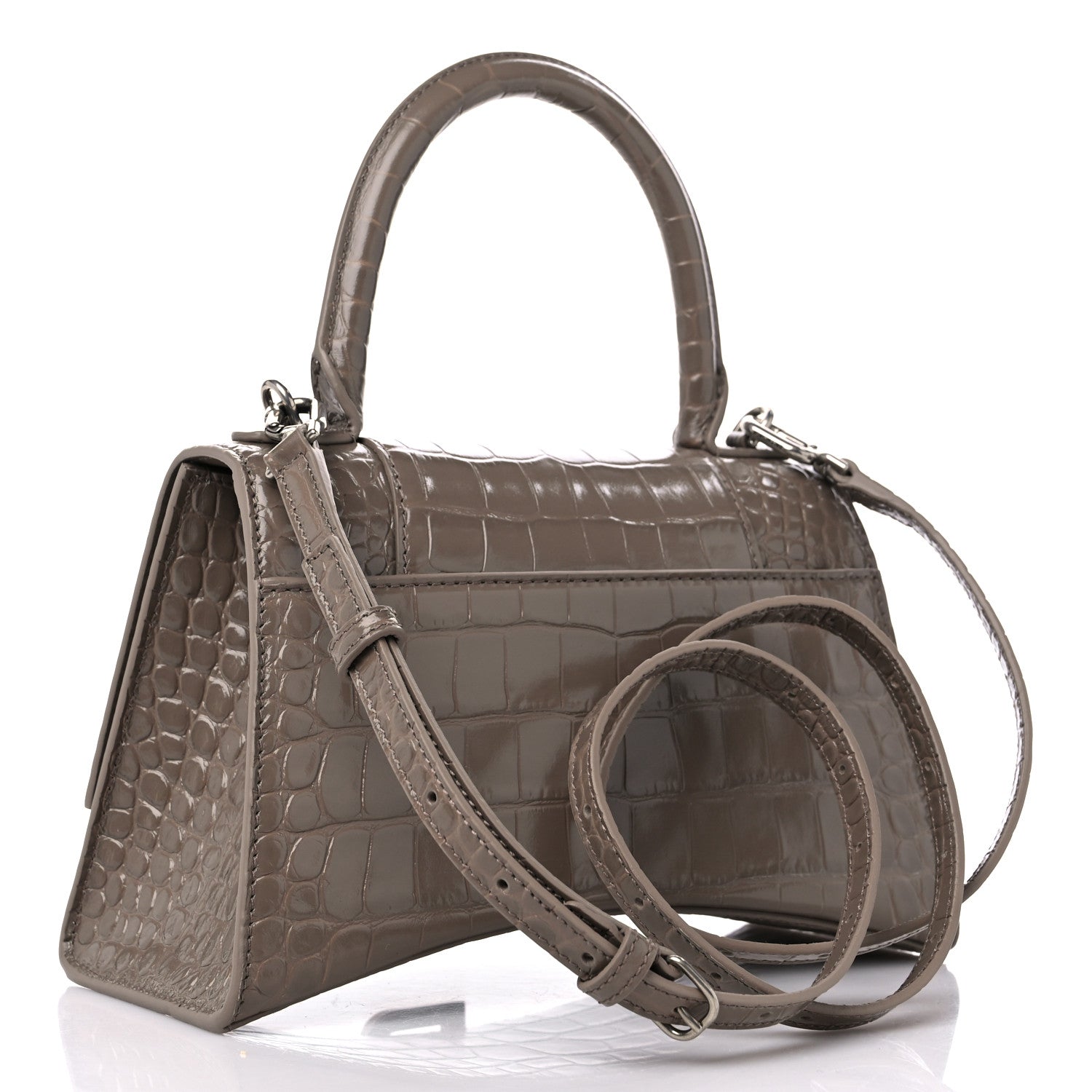 Balenciaga Shiny Calfskin Crocodile Embossed Small Hourglass Top Handle Bag Mink Grey 2 of 8